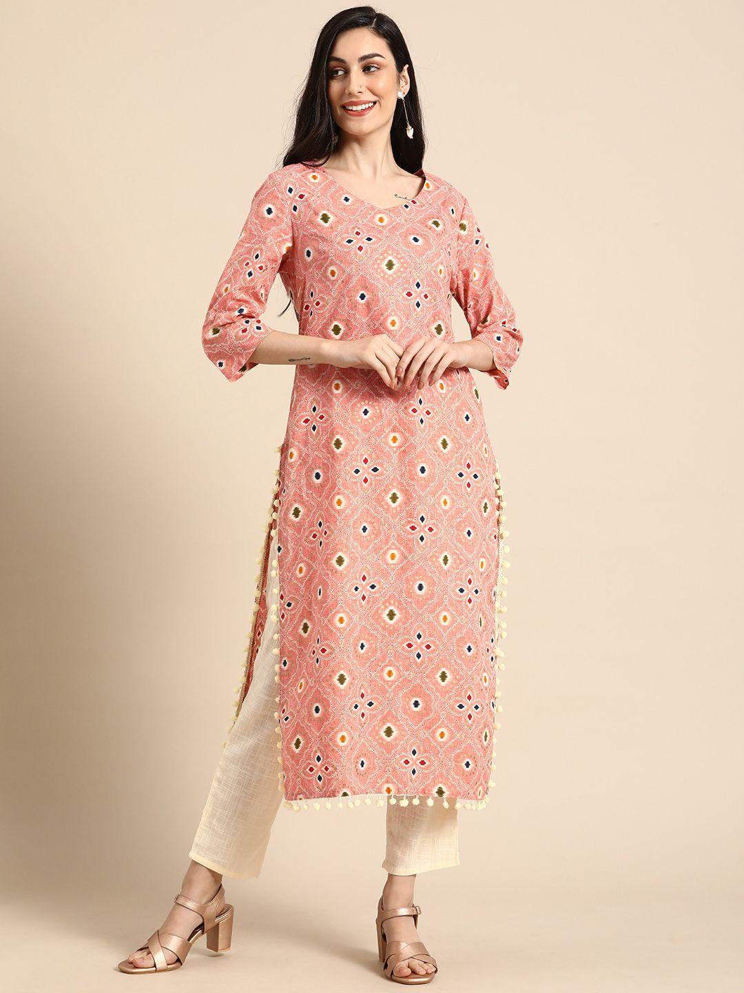 anouk women pink & white pure cotton geometric print kurta