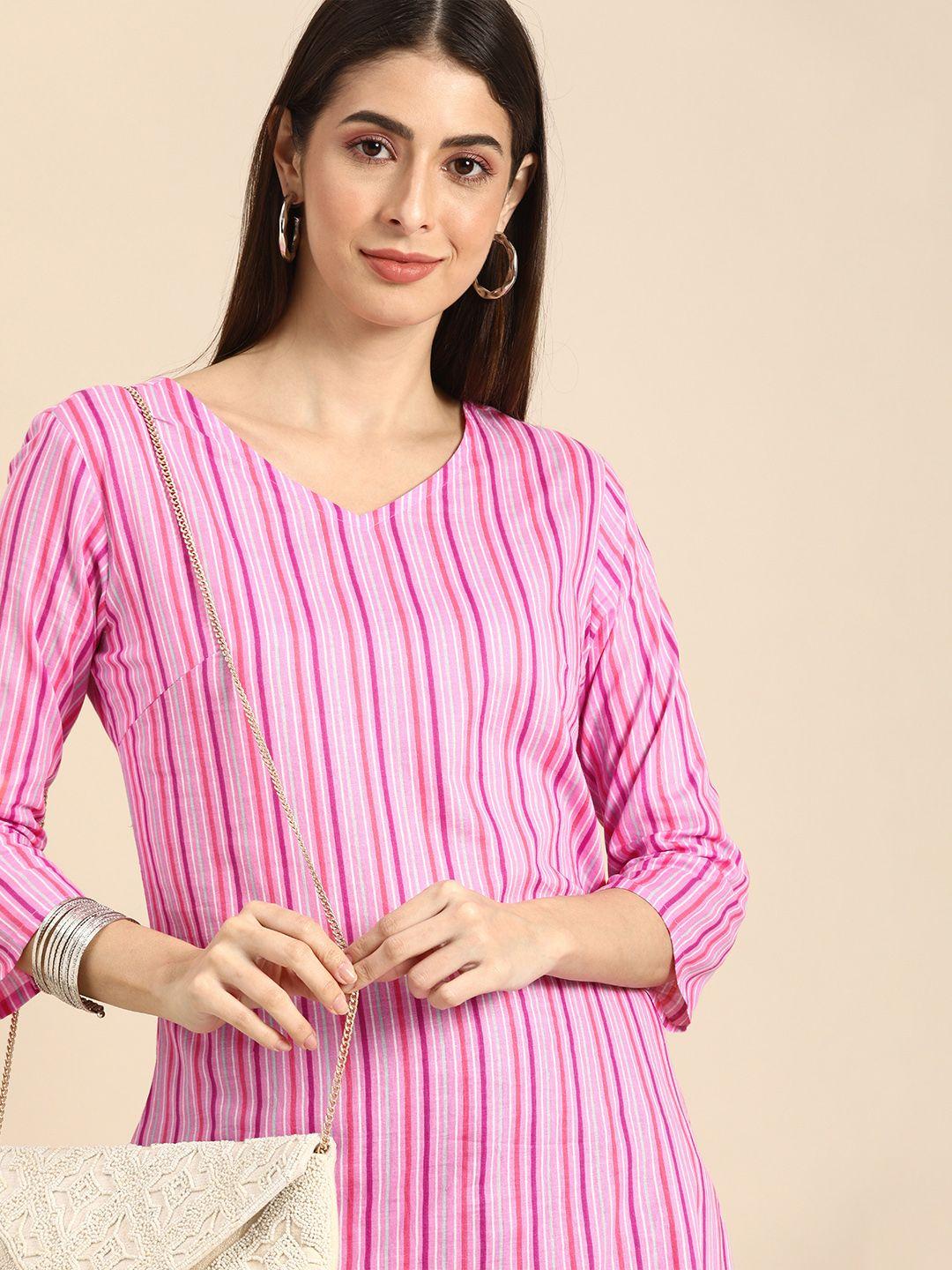 anouk women pink & white striped kurta