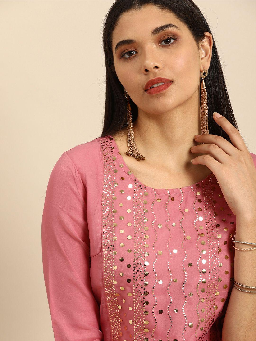 anouk women pink embellished straight kurta