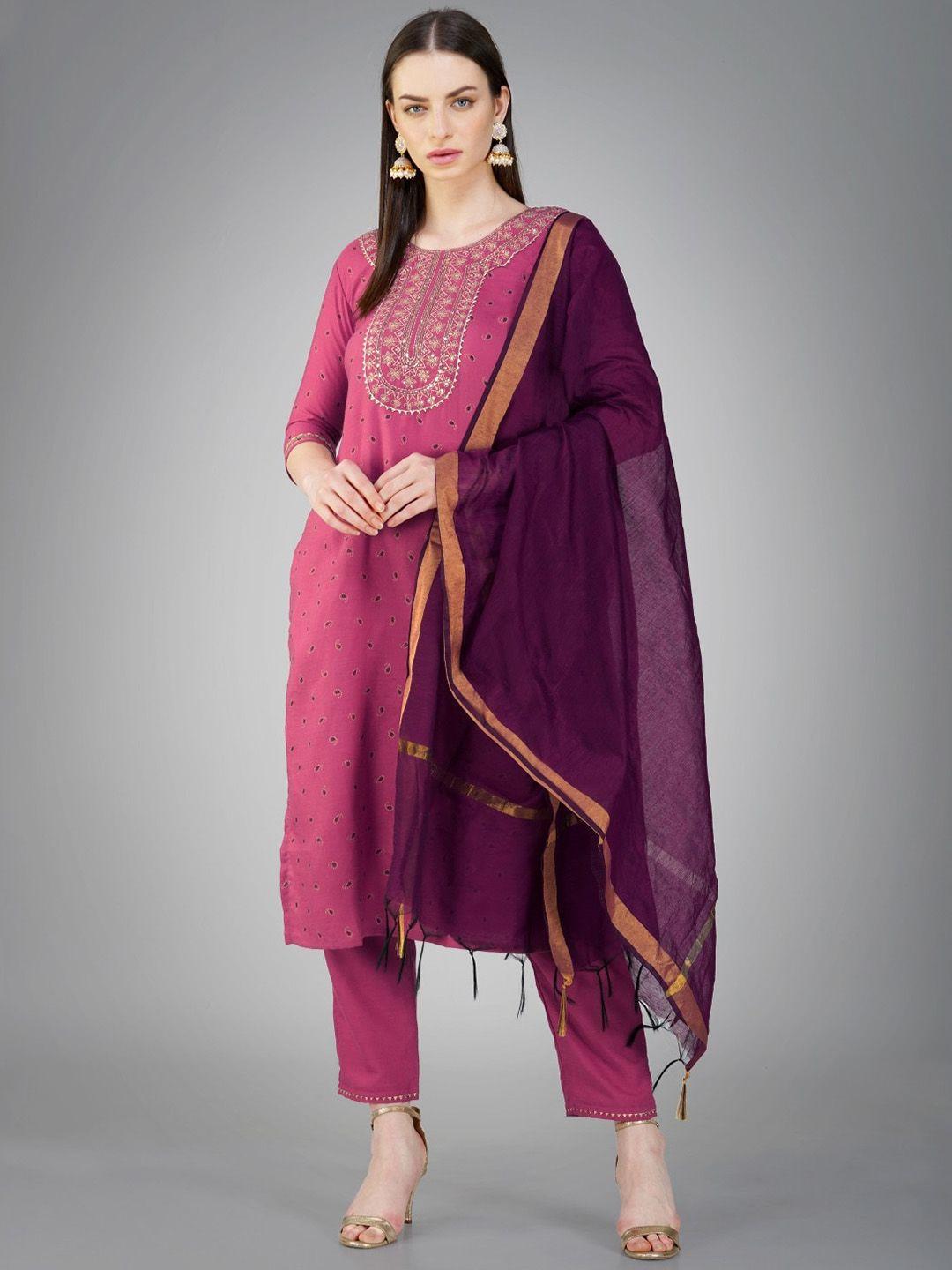 anouk women pink embroidered regular sequinned kurta with trousers & with dupatta