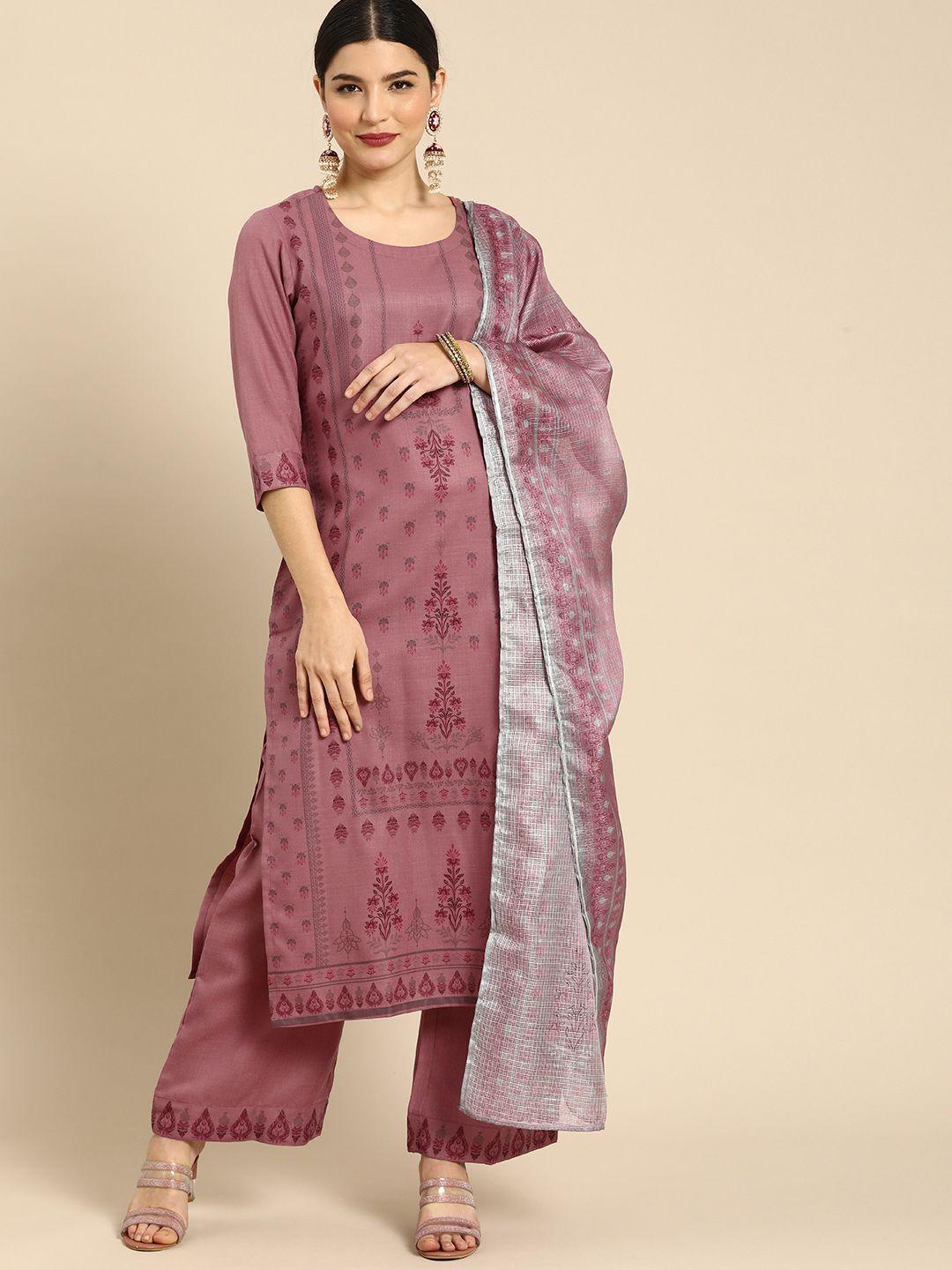 anouk women pink ethnic motifs printed regular kurta with palazzos & with dupatta