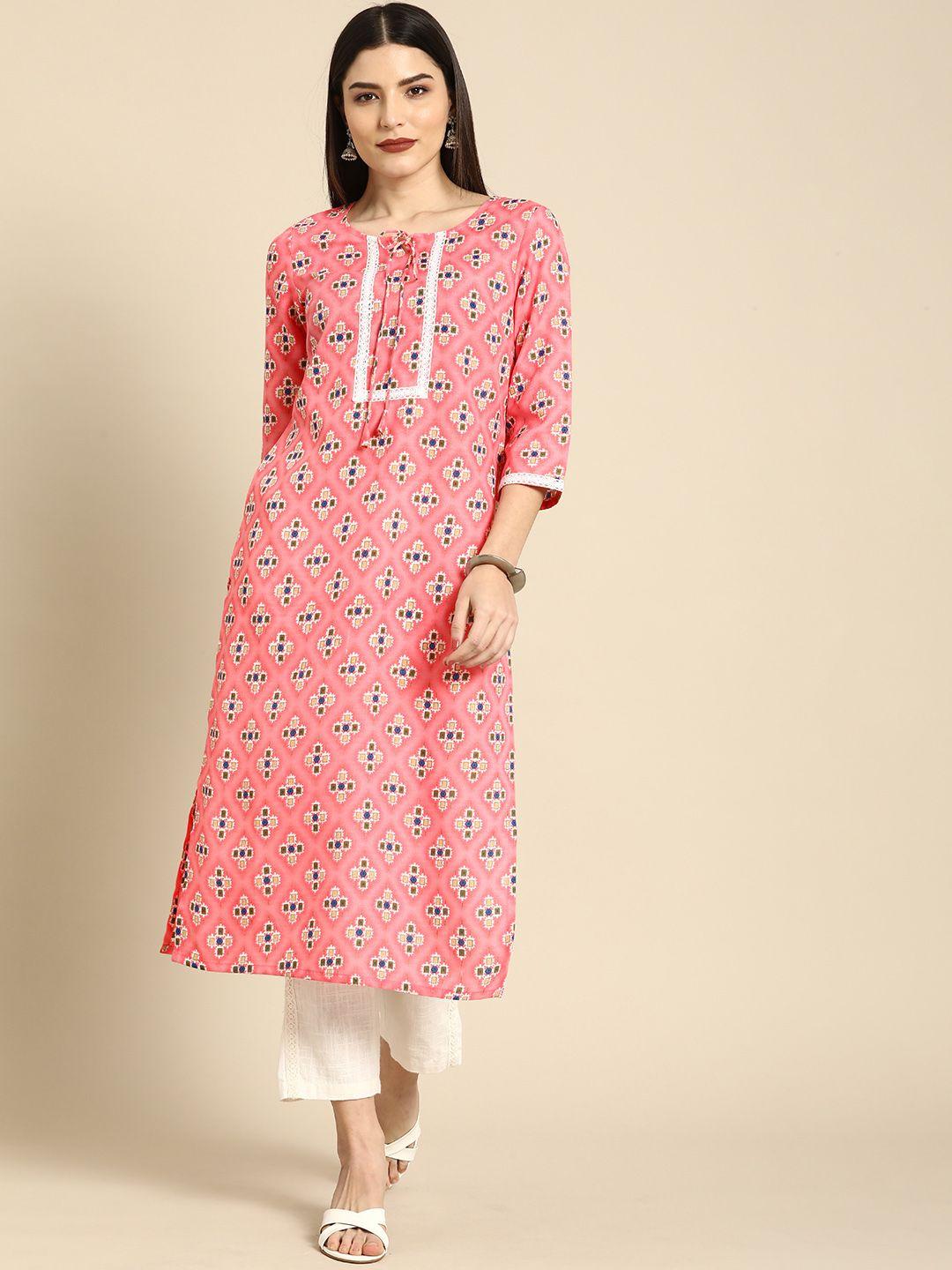 anouk women pink ethnic motifs printed tie-up neck patchwork pastels straight kurta