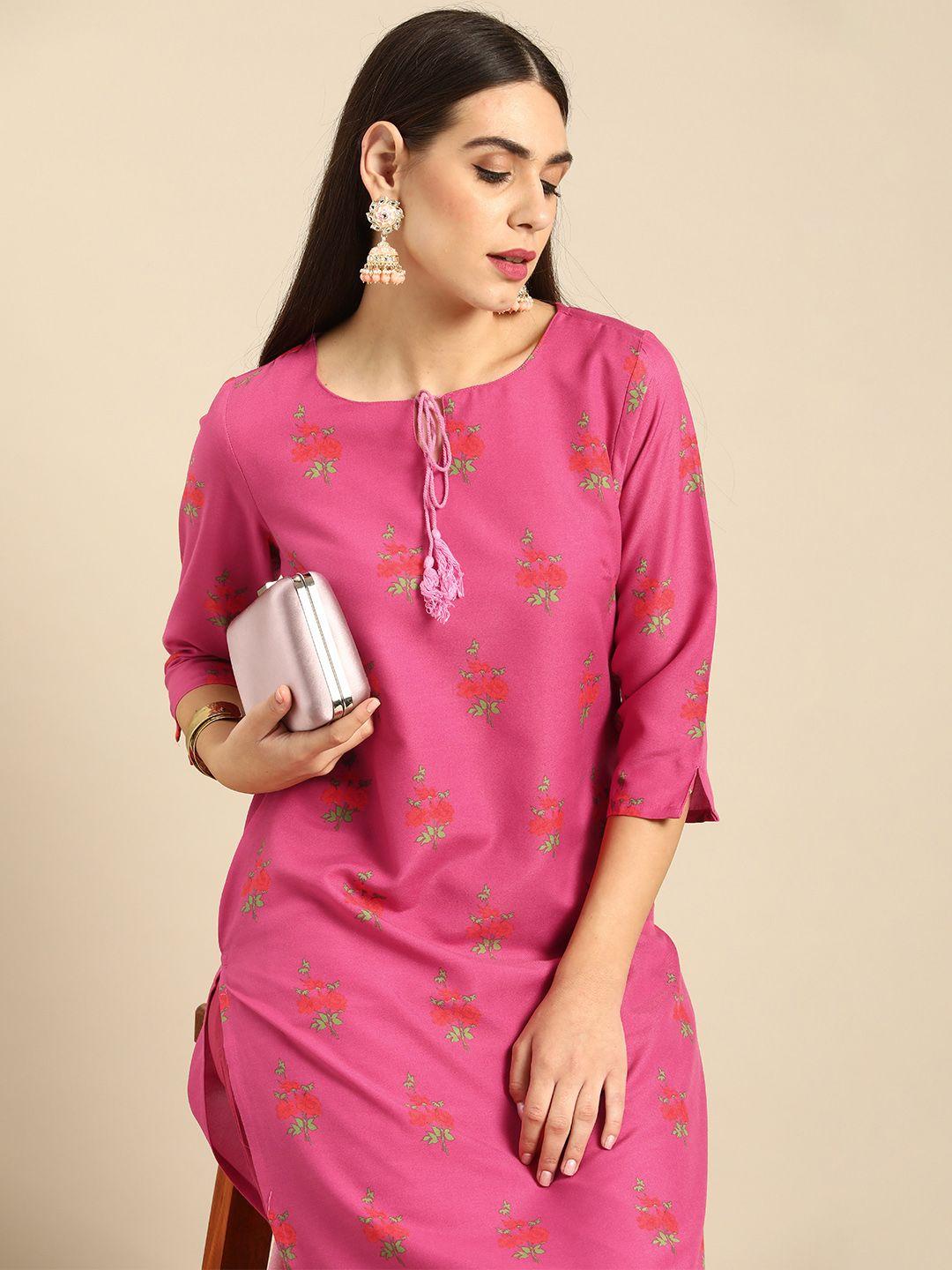 anouk women pink floral printed kurta