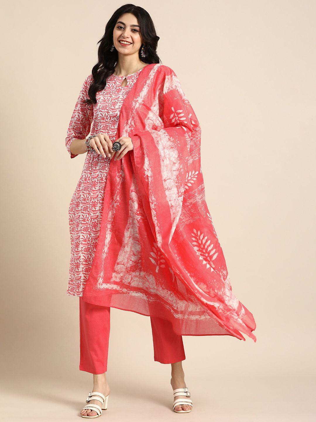 anouk women pink floral printed regular kurta with trousers & with dupatta