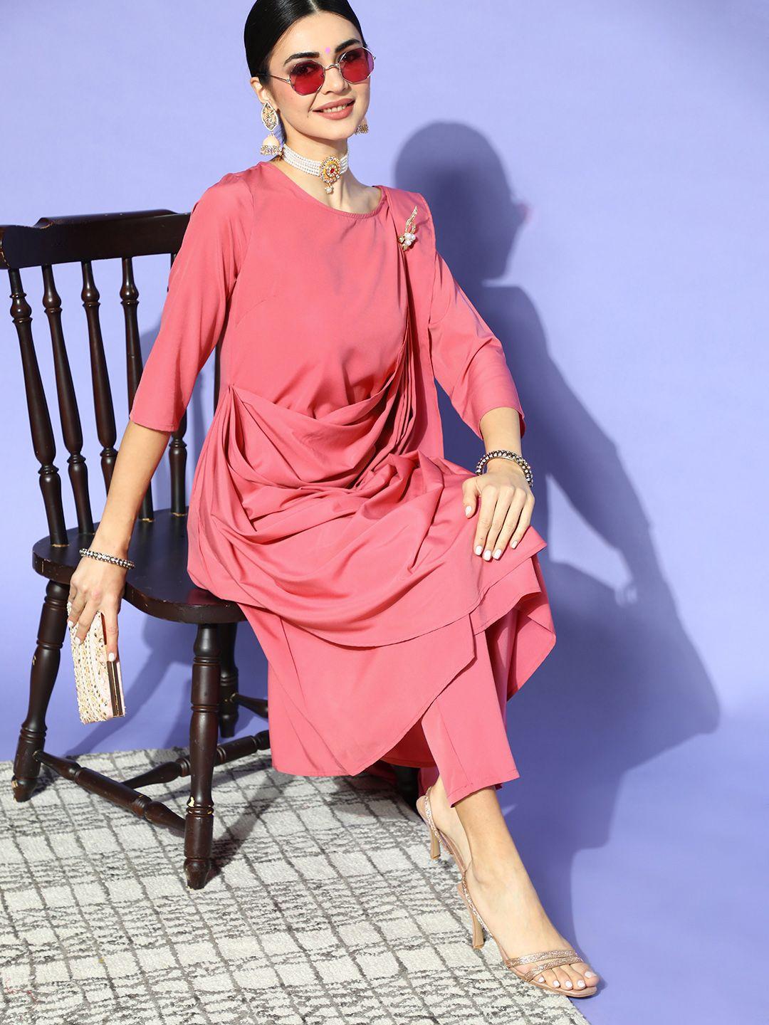 anouk women pink kurta with trousers & attached dupatta