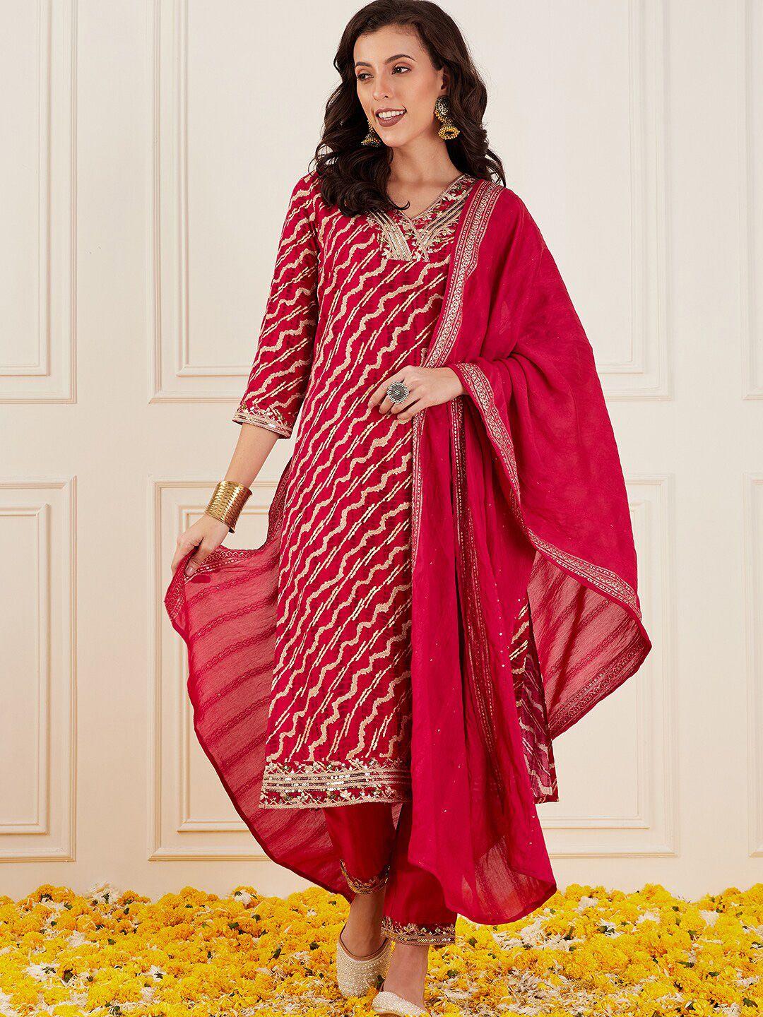 anouk women pink leheriya printed regular sequinned kurta with trousers & with dupatta