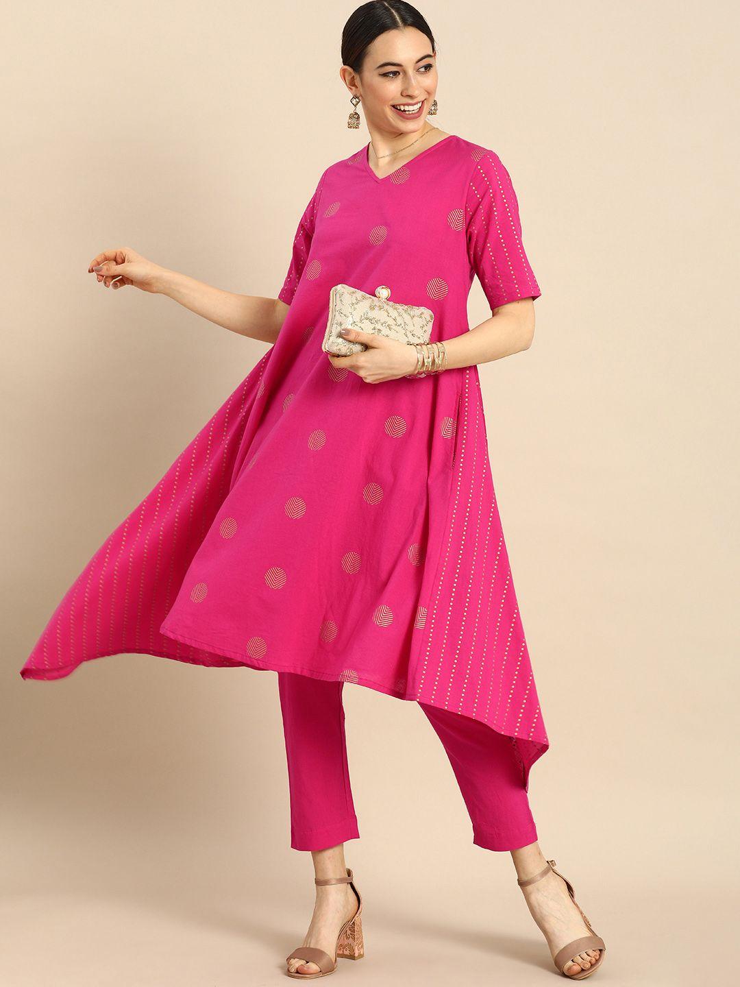anouk women pink printed pure cotton kurta with trousers