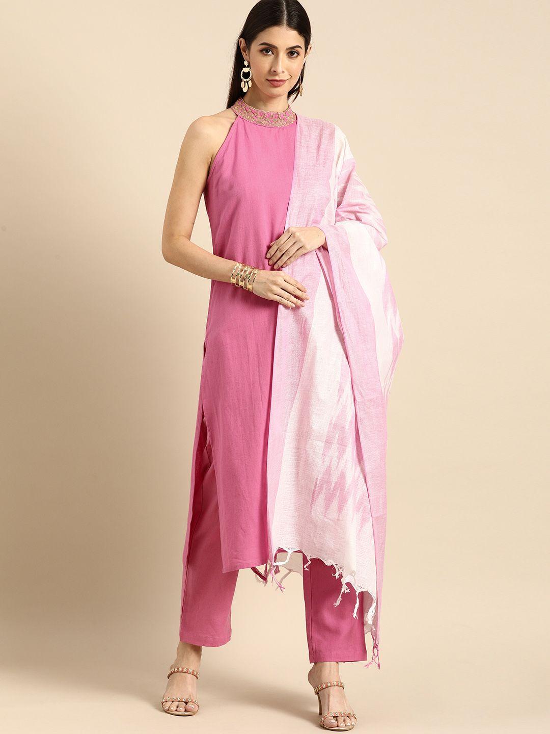 anouk women pink regular thread work kurta with trousers & with dupatta