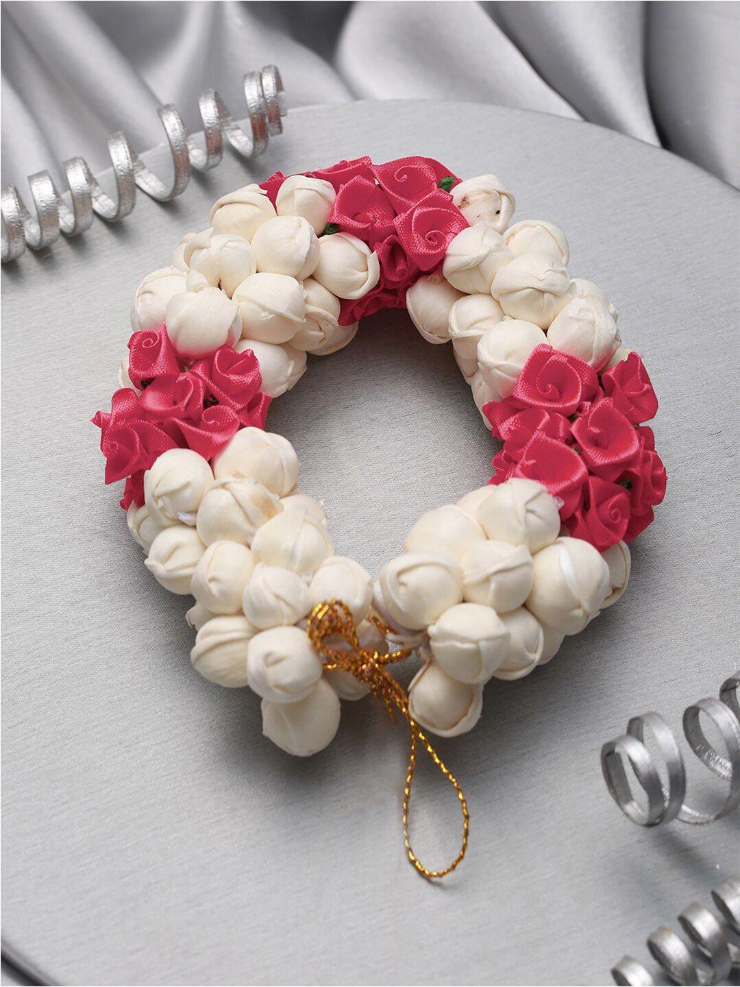anouk women pink rose & white mogra artificial flower hair bun