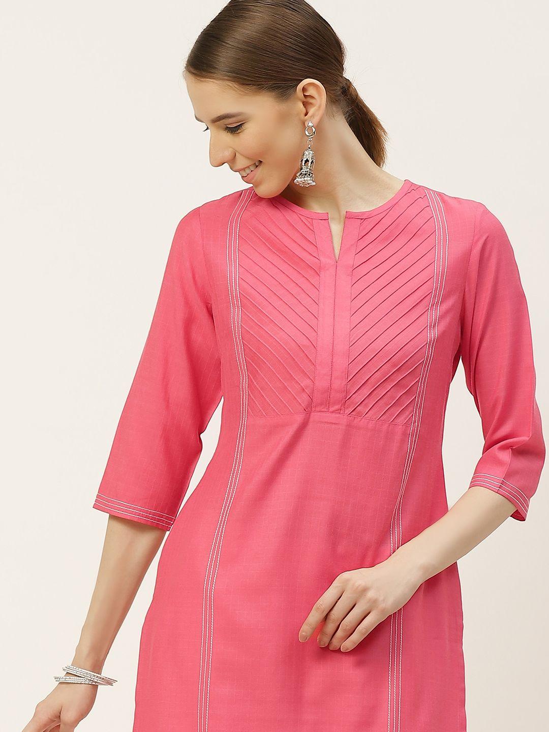 anouk women pink solid kantha work dobby pin tuck pleated straight kurta
