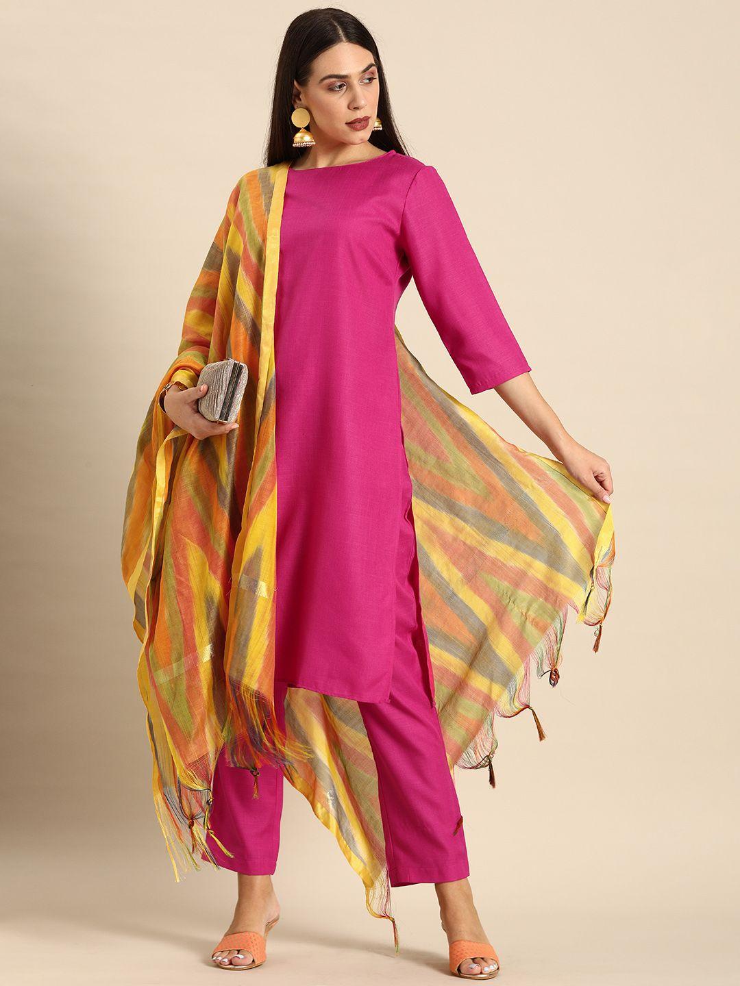 anouk women pink solid kurta with trousers & multicolour dupatta