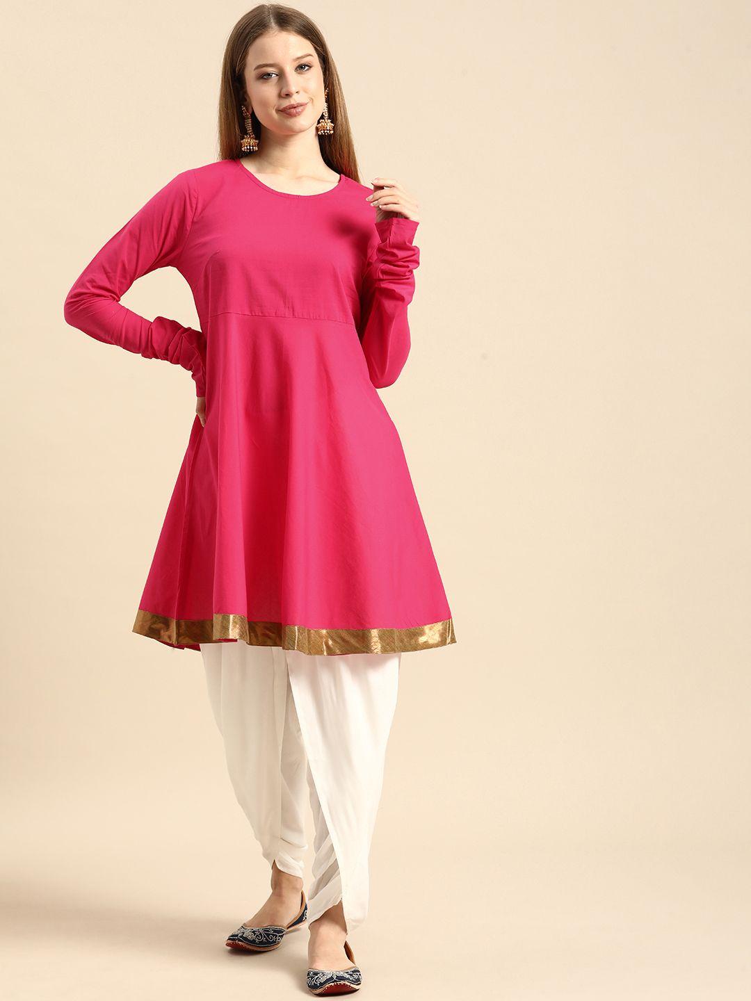 anouk women pink solid pure cotton kurti with dhoti pants