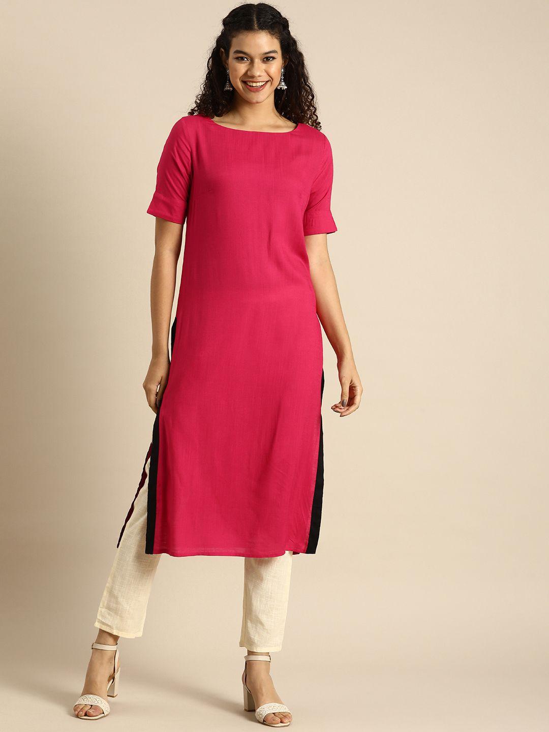 anouk women pink solid round neck kurta