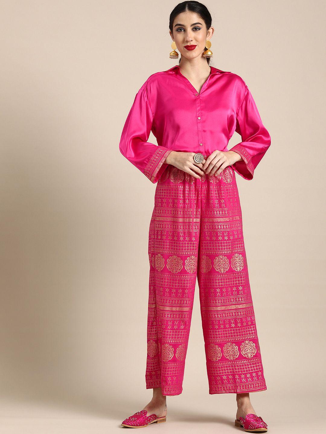 anouk women pink top with foil printed palazzos