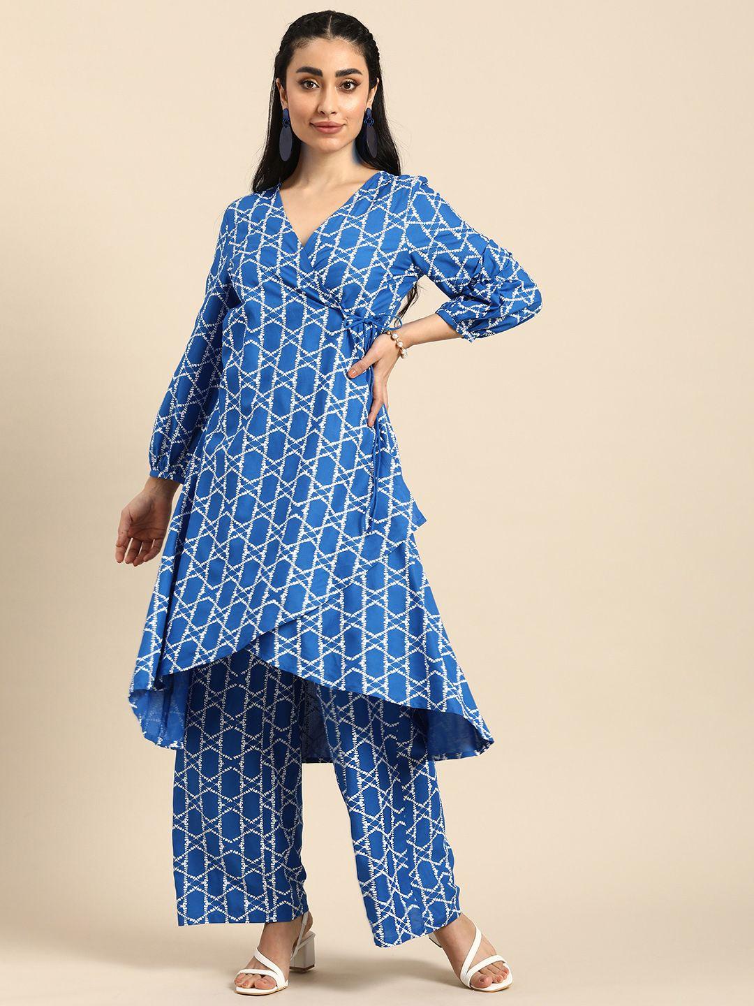 anouk women printed angrakha kurta with palazzos