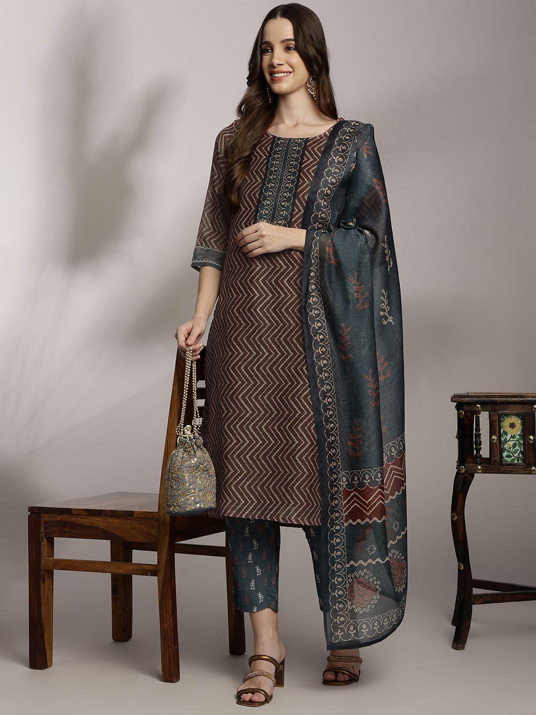 anouk women printed kurta with trousers & dupatta