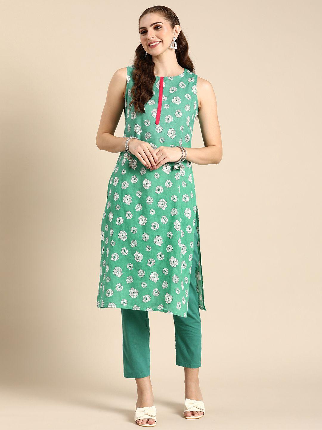 anouk women pure cotton floral printed straight kurta with trousers