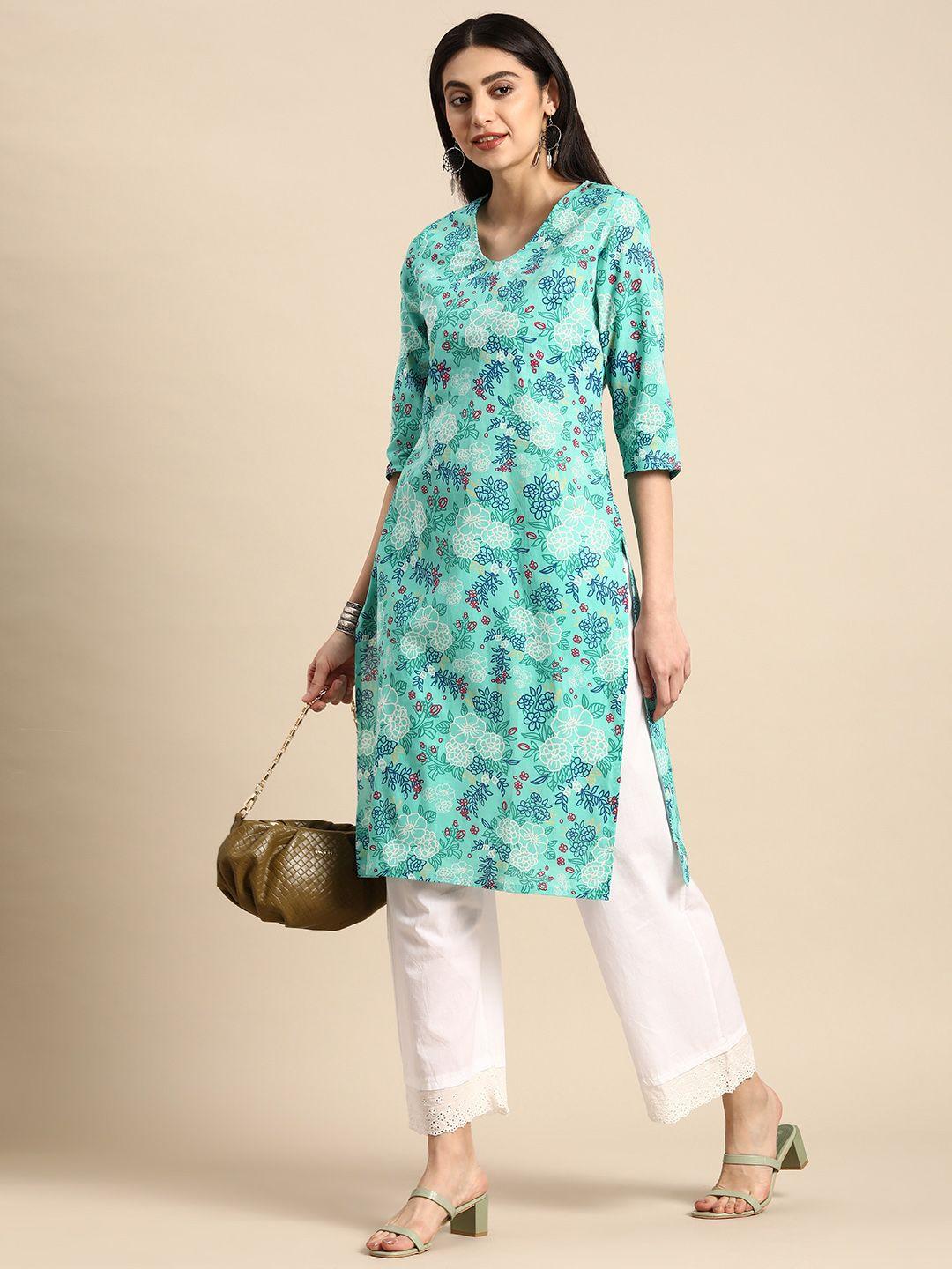 anouk women pure cotton floral printed three quarter sleeves straight kurta