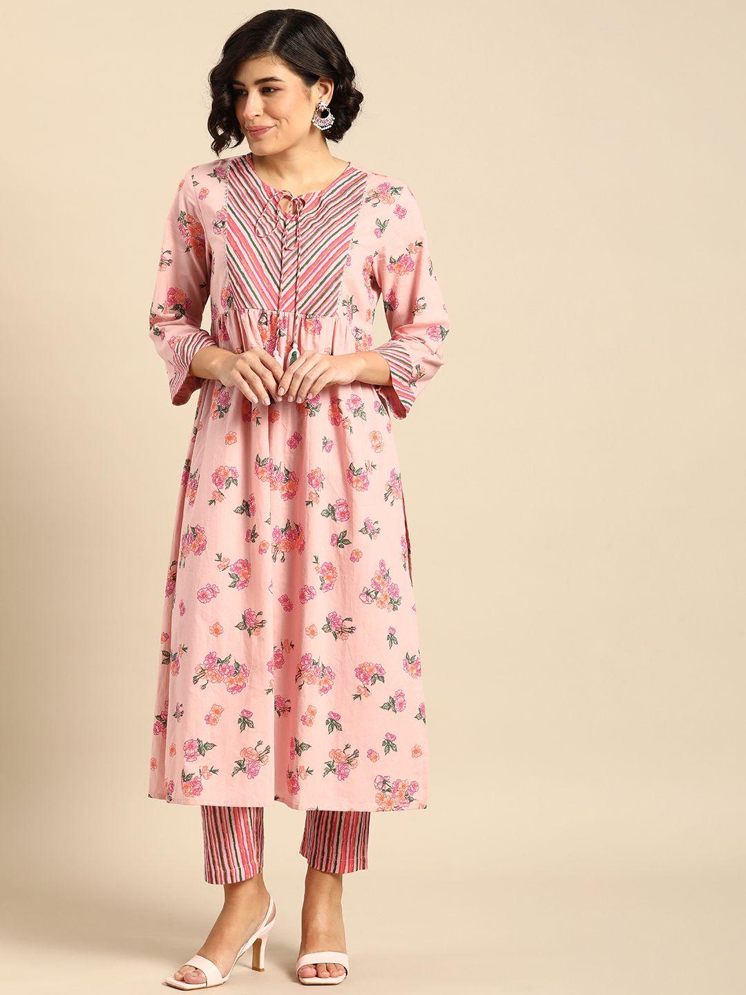 anouk women pure cotton printed regular kurta with trousers