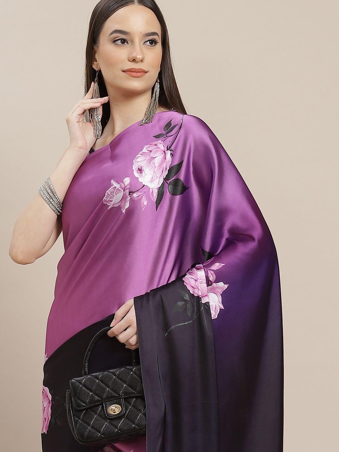 anouk women purple & black floral print satin saree