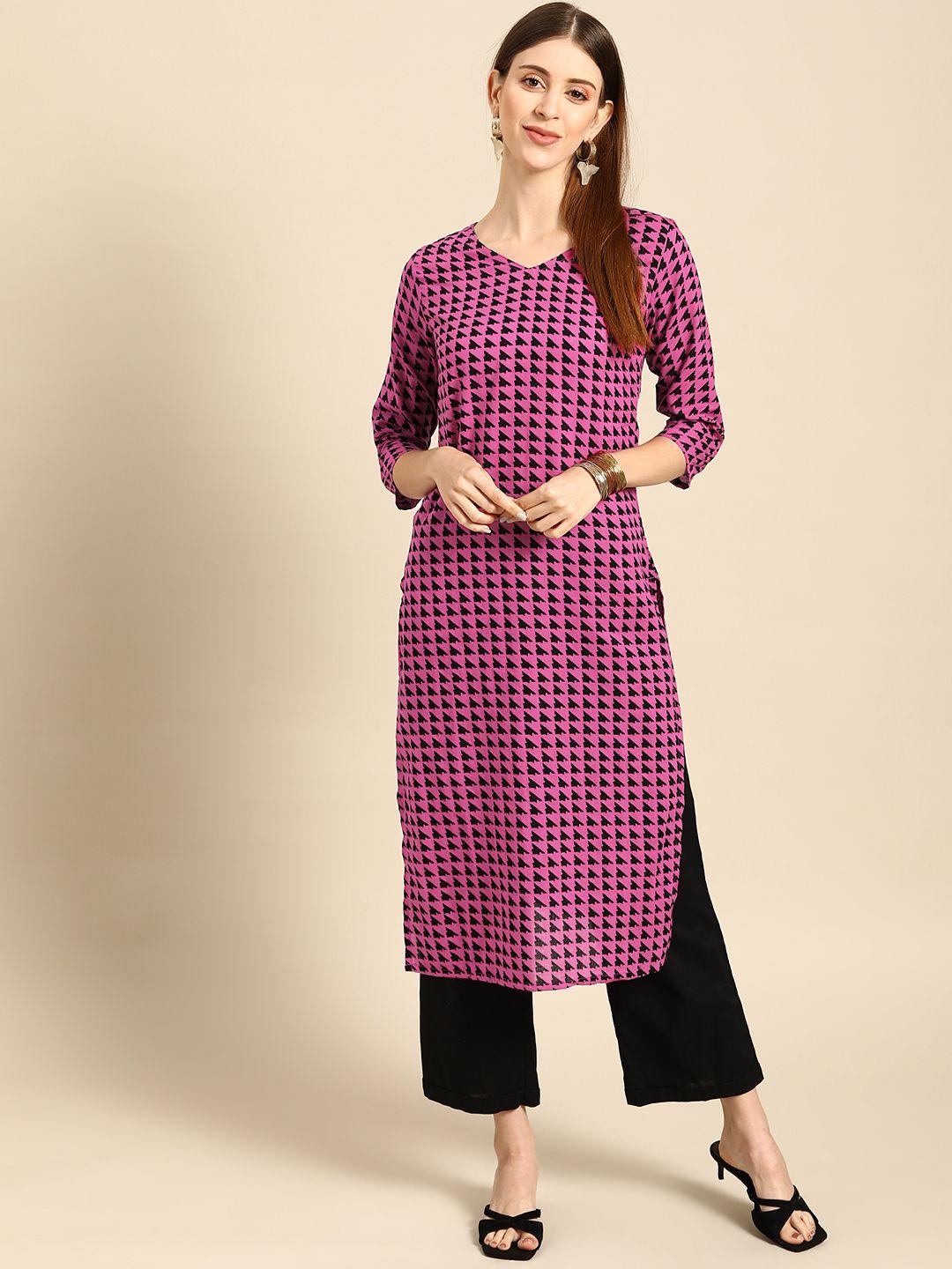 anouk women purple & black geometric print pure cotton kurta