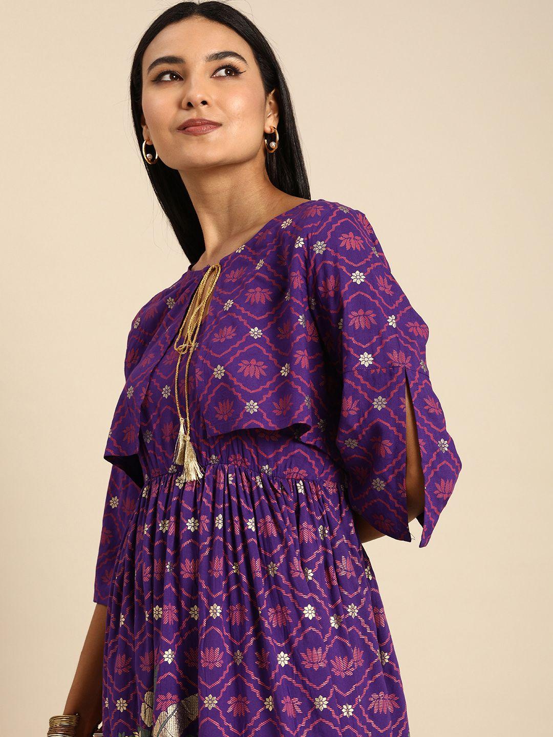 anouk women purple & gold-toned ethnic motifs printed kurta with jacket