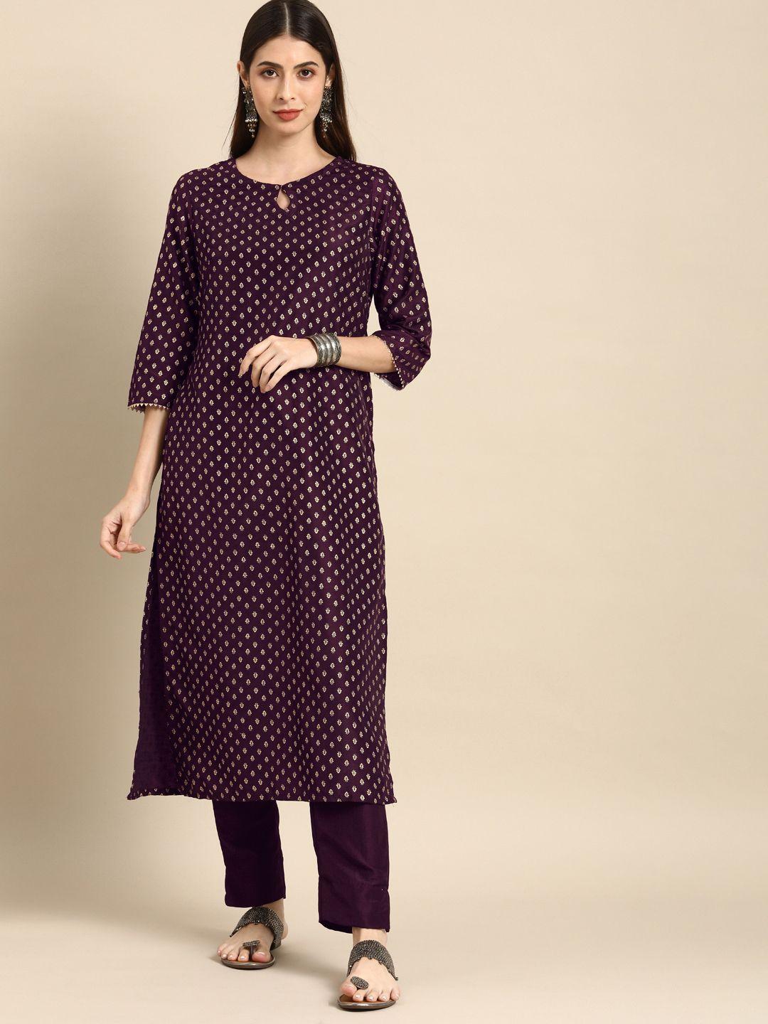 anouk women purple & gold-toned ethnic motifs printed regular kurta with trousers