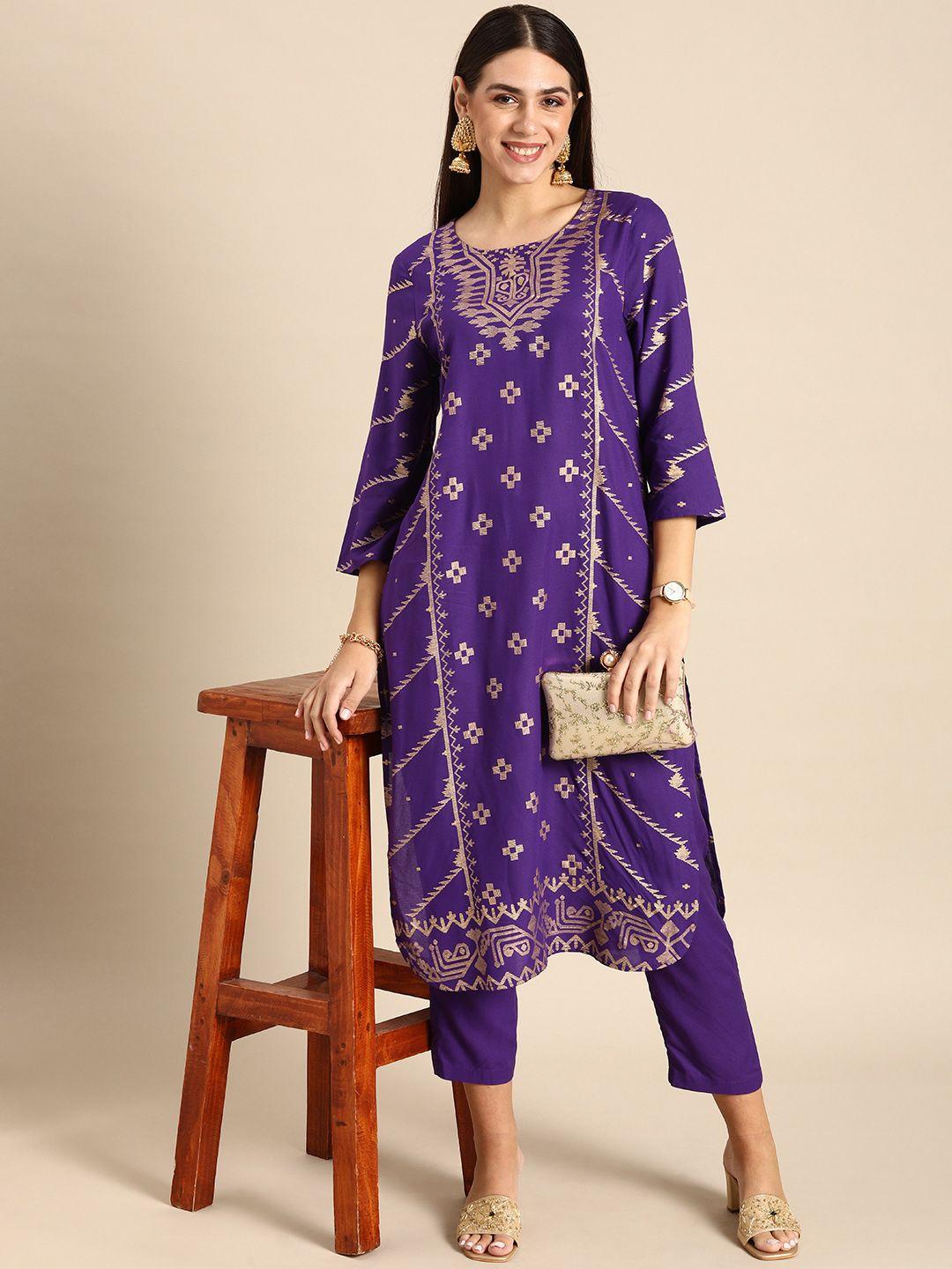 anouk women purple & golden ethnic motifs printed kurta with trousers