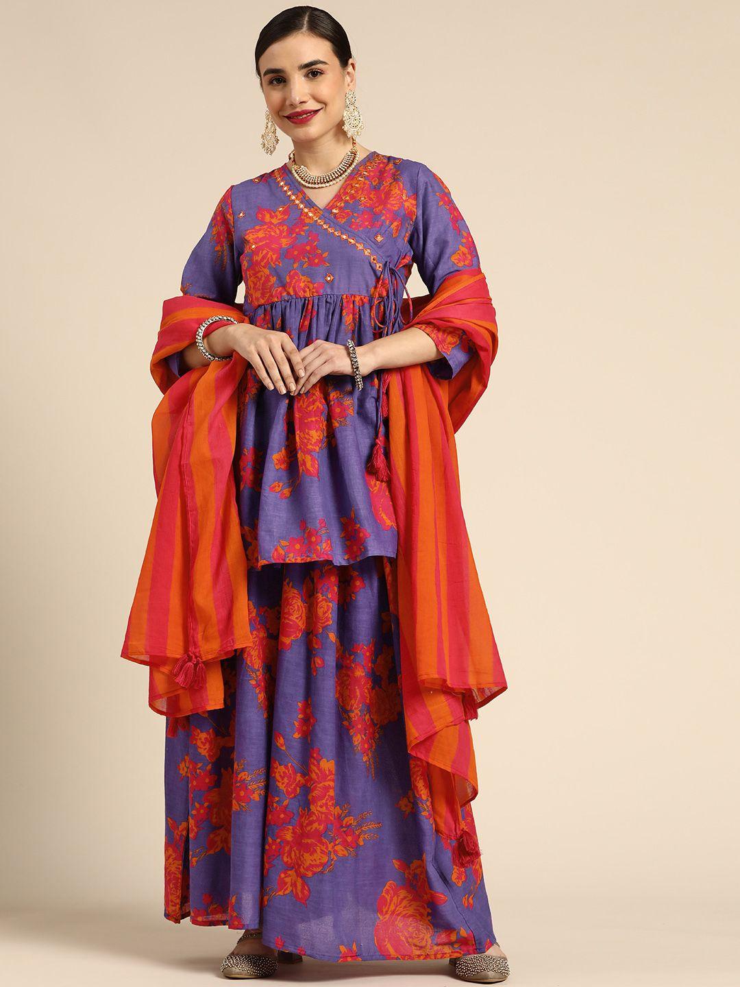 anouk women purple & orange pure cotton printed angrakha kurti with palazzos & dupatta
