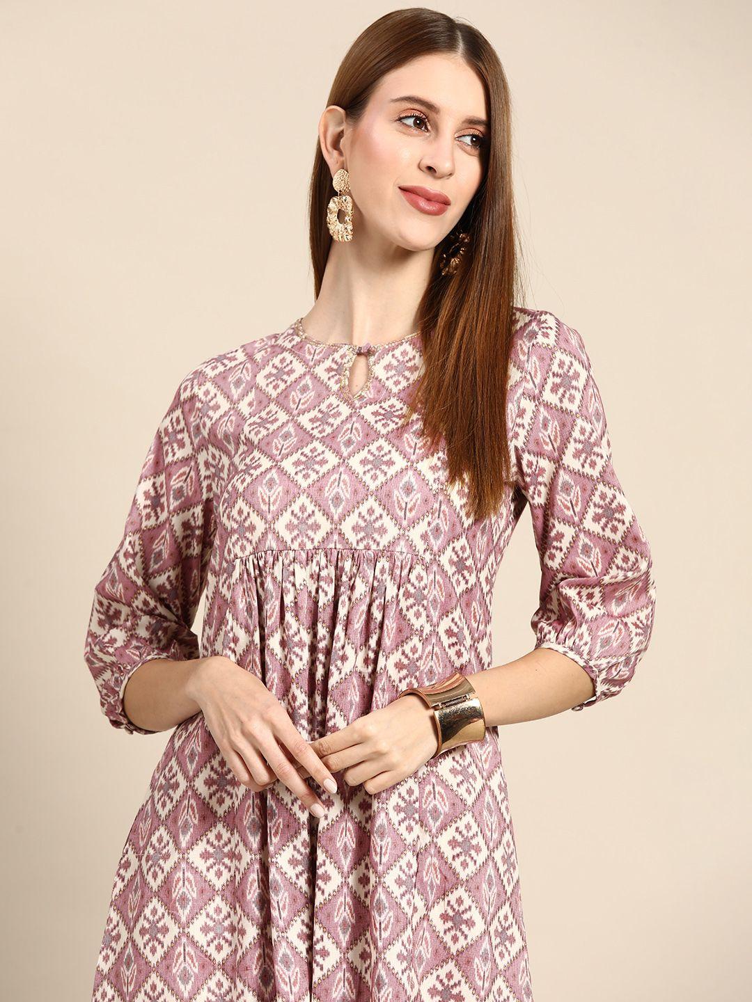 anouk women purple & white ethnic motifs printed kurta