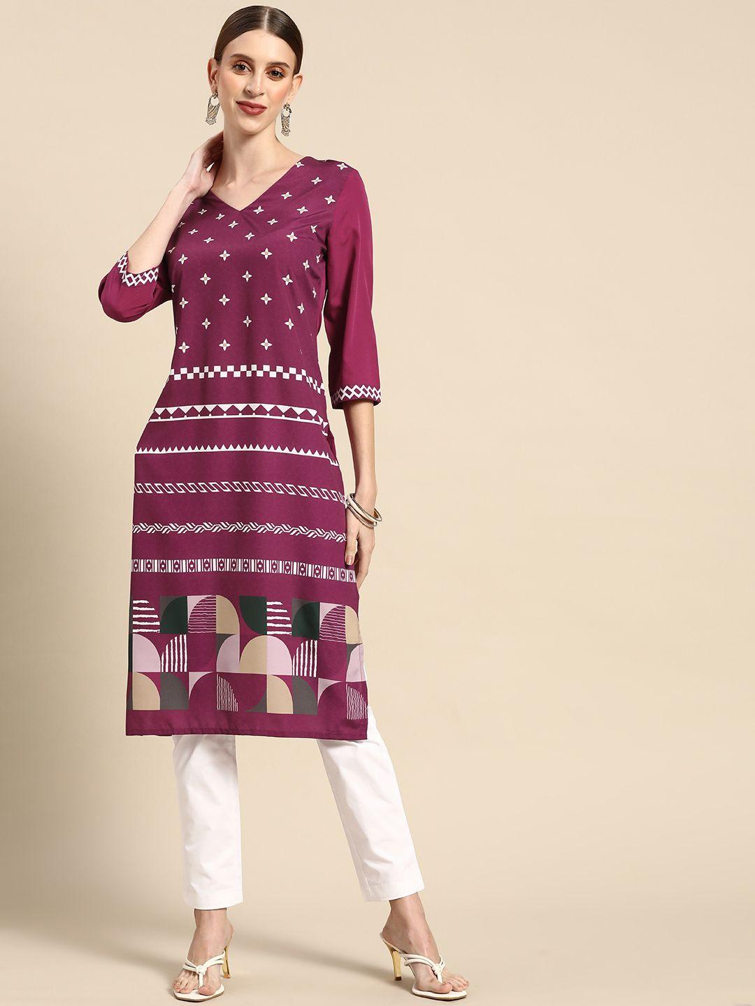 anouk women purple & white geometric printed kurta