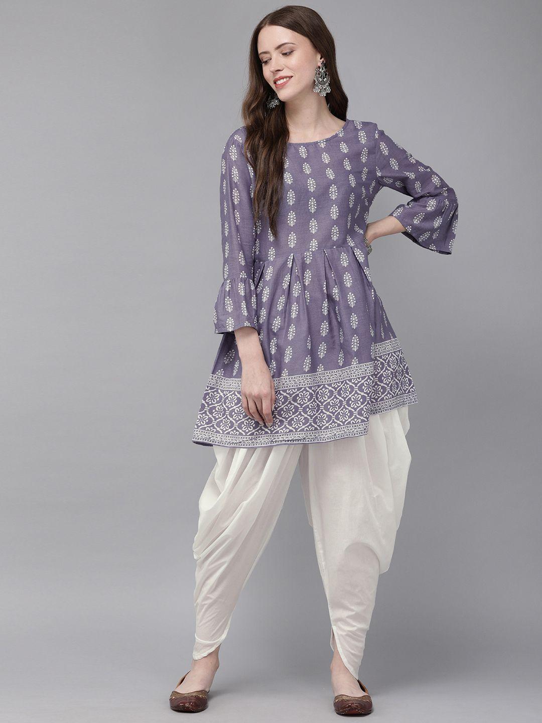 anouk women purple & white printed kurti with dhoti pants