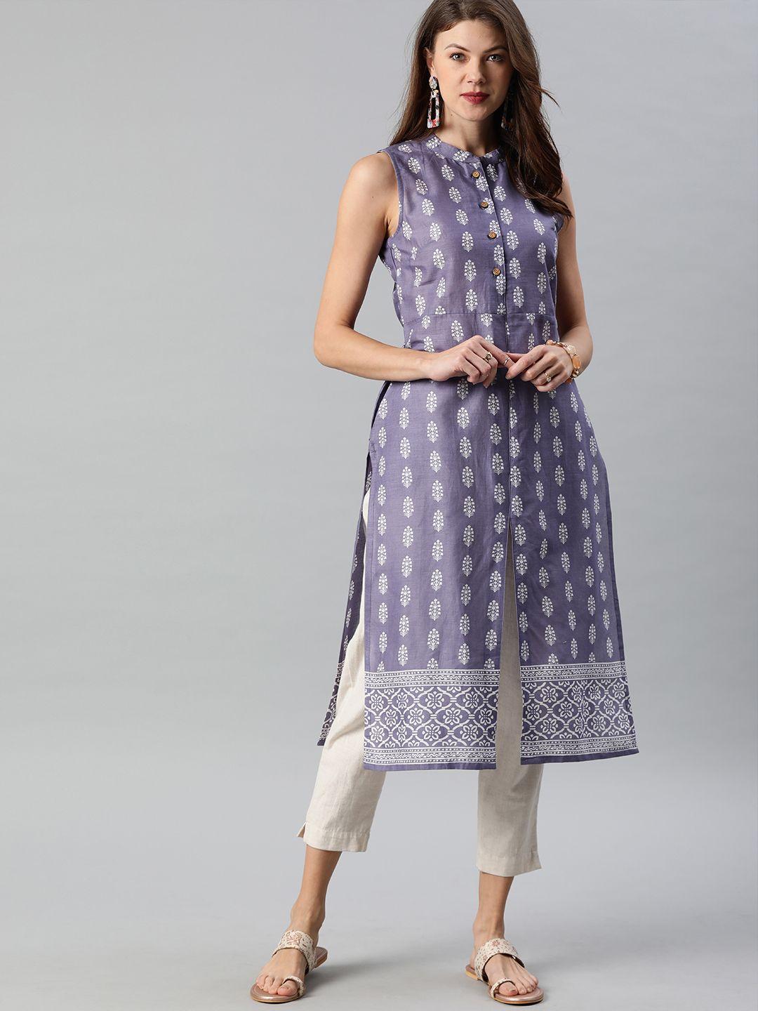 anouk women purple & white printed straight fusion high slit kurta