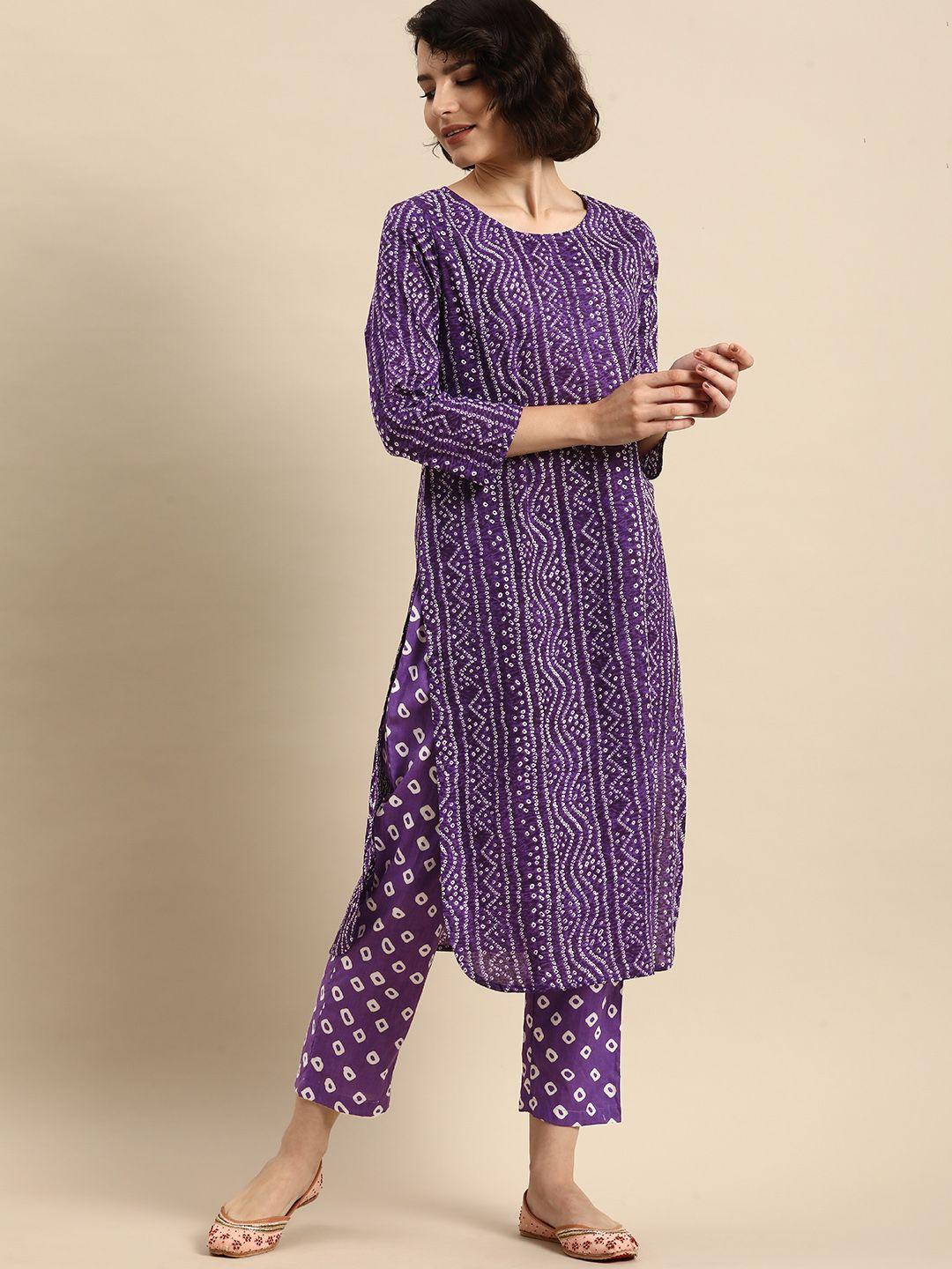 anouk women purple bandhani printed pure cotton kurta with trousers