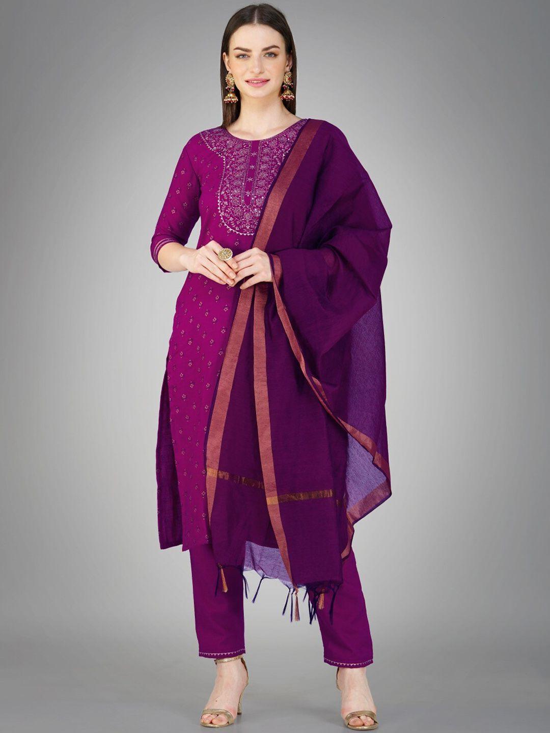 anouk women purple embroidered regular sequinned kurta with trousers & with dupatta