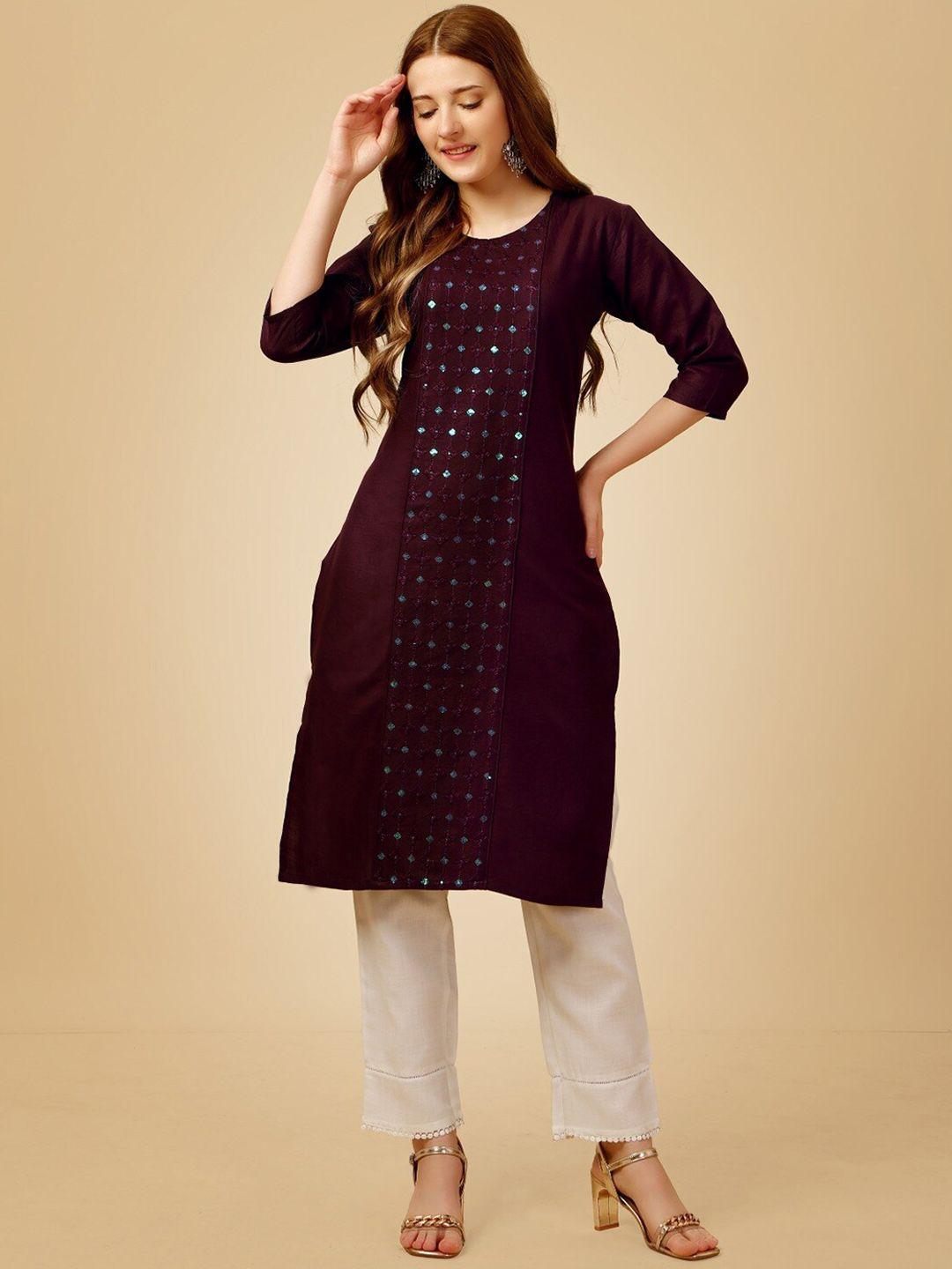 anouk women purple embroidered regular sequinned kurti with trousers