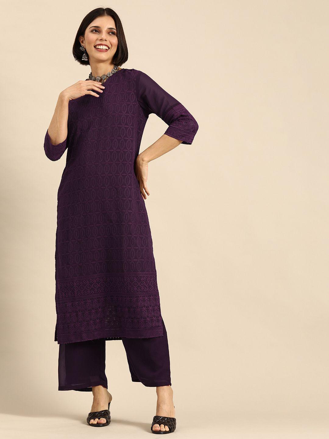 anouk women purple ethnic motifs embroidered kurta with palazzos