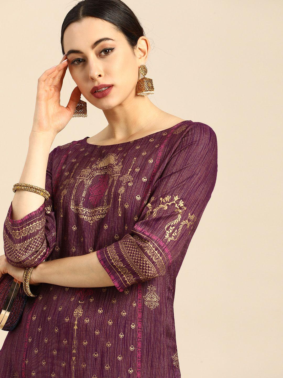 anouk women purple ethnic motifs printed block print kurta