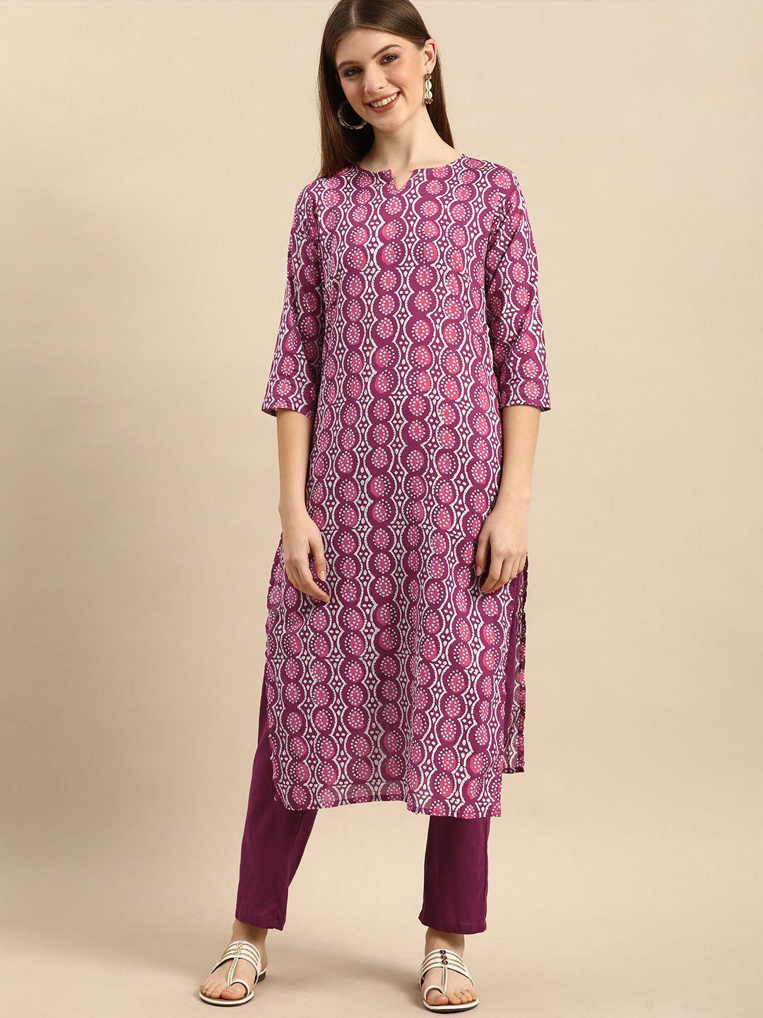anouk women purple ethnic motifs printed pure cotton kurta with trousers