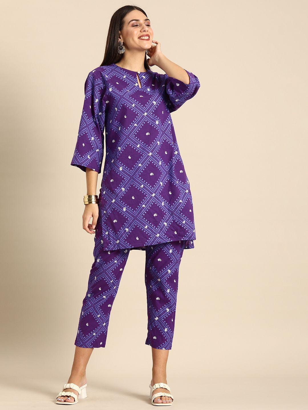 anouk women purple ethnic motifs printed pure cotton kurta with trousers