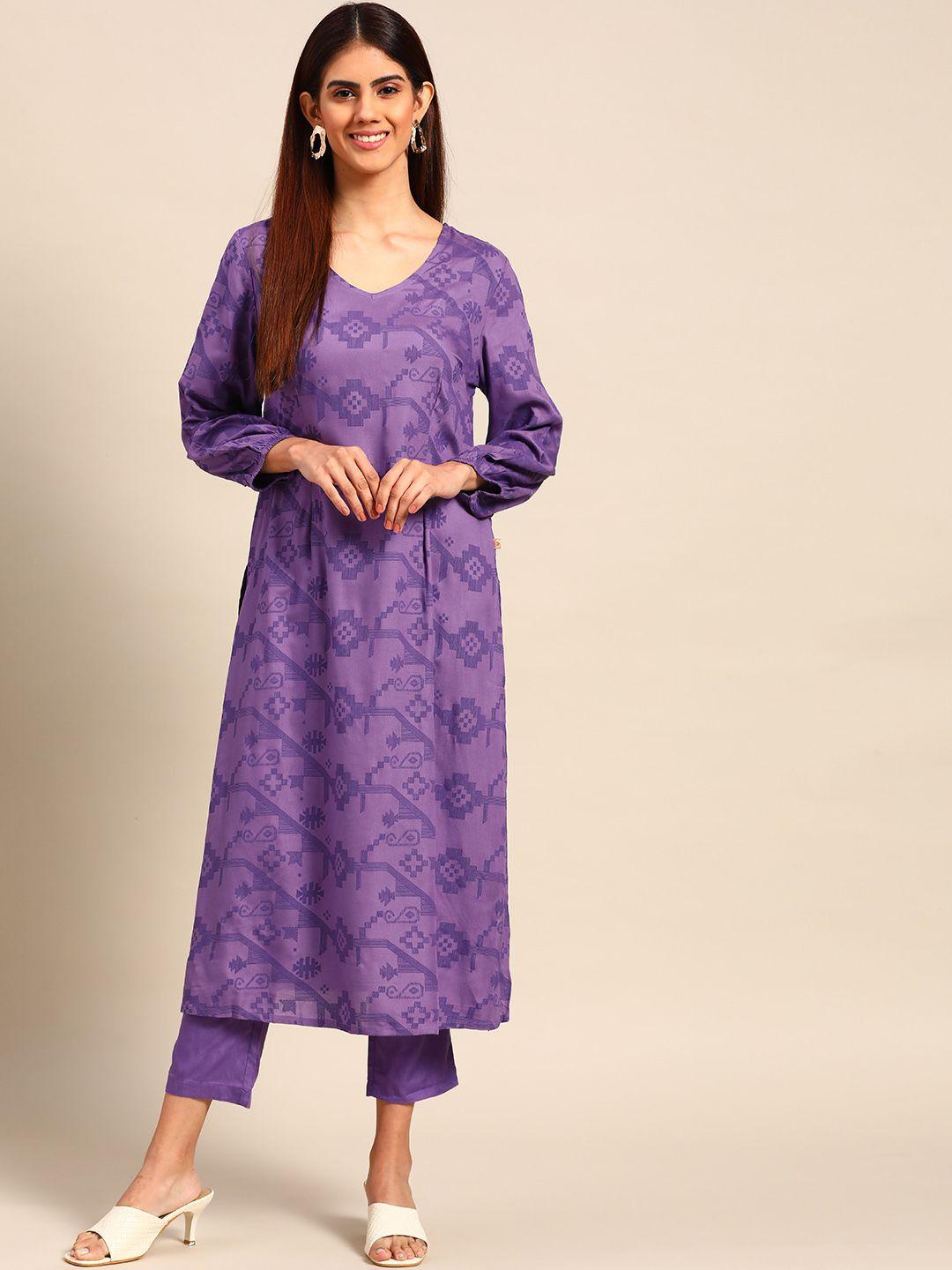 anouk women purple ethnic motifs printed regular a-line kurta with trousers