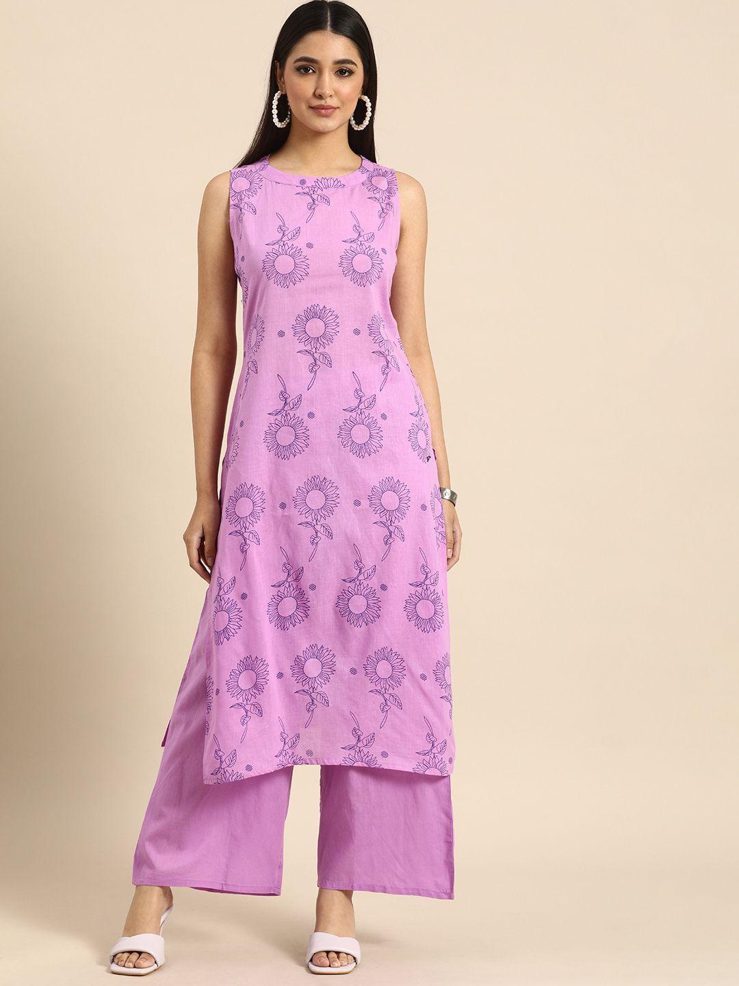 anouk women purple floral printed pure cotton kurta with trousers