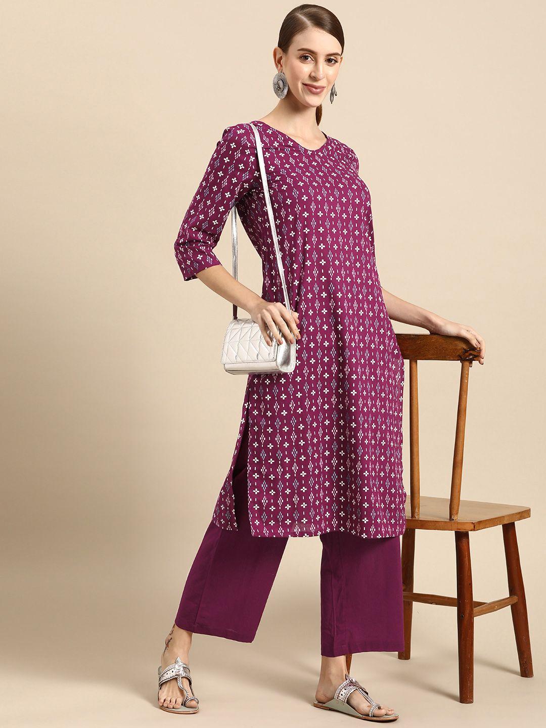 anouk women purple printed pure cotton kurta with trousers