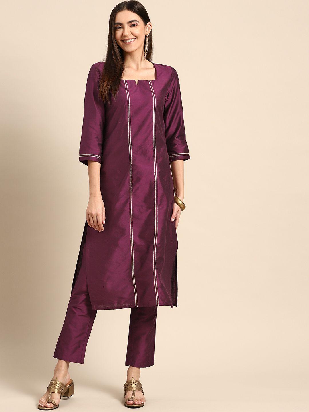 anouk women purple solid gotta patti kurta with trousers