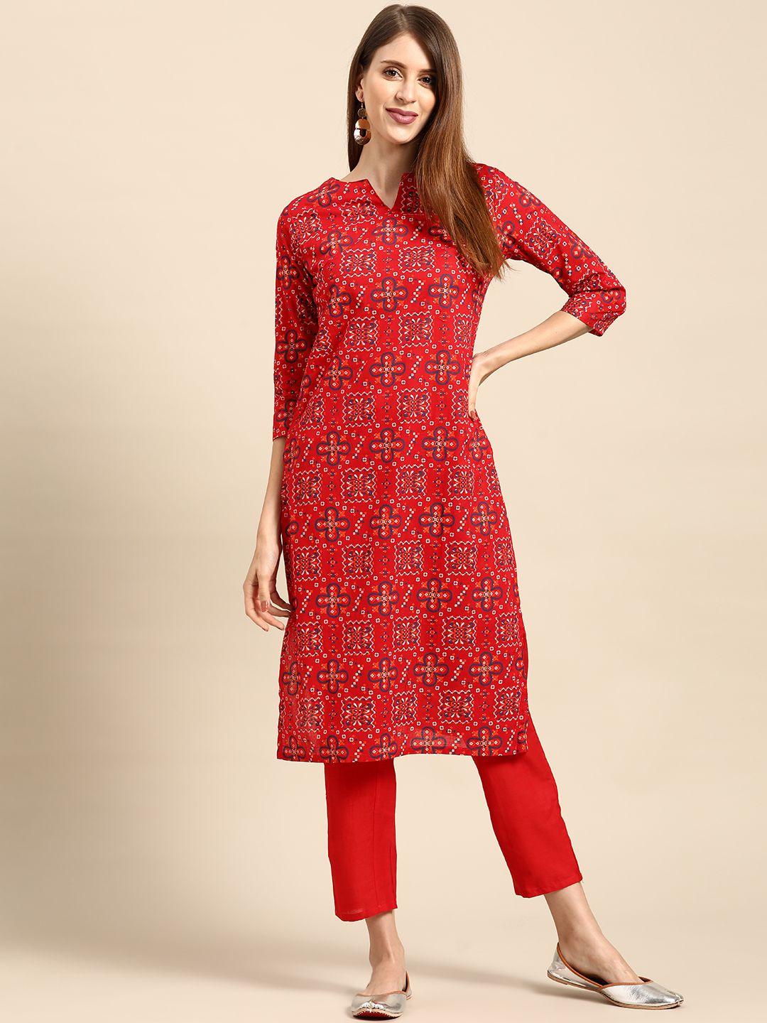 anouk women red & blue ethnic motifs printed pure cotton kurta with trousers