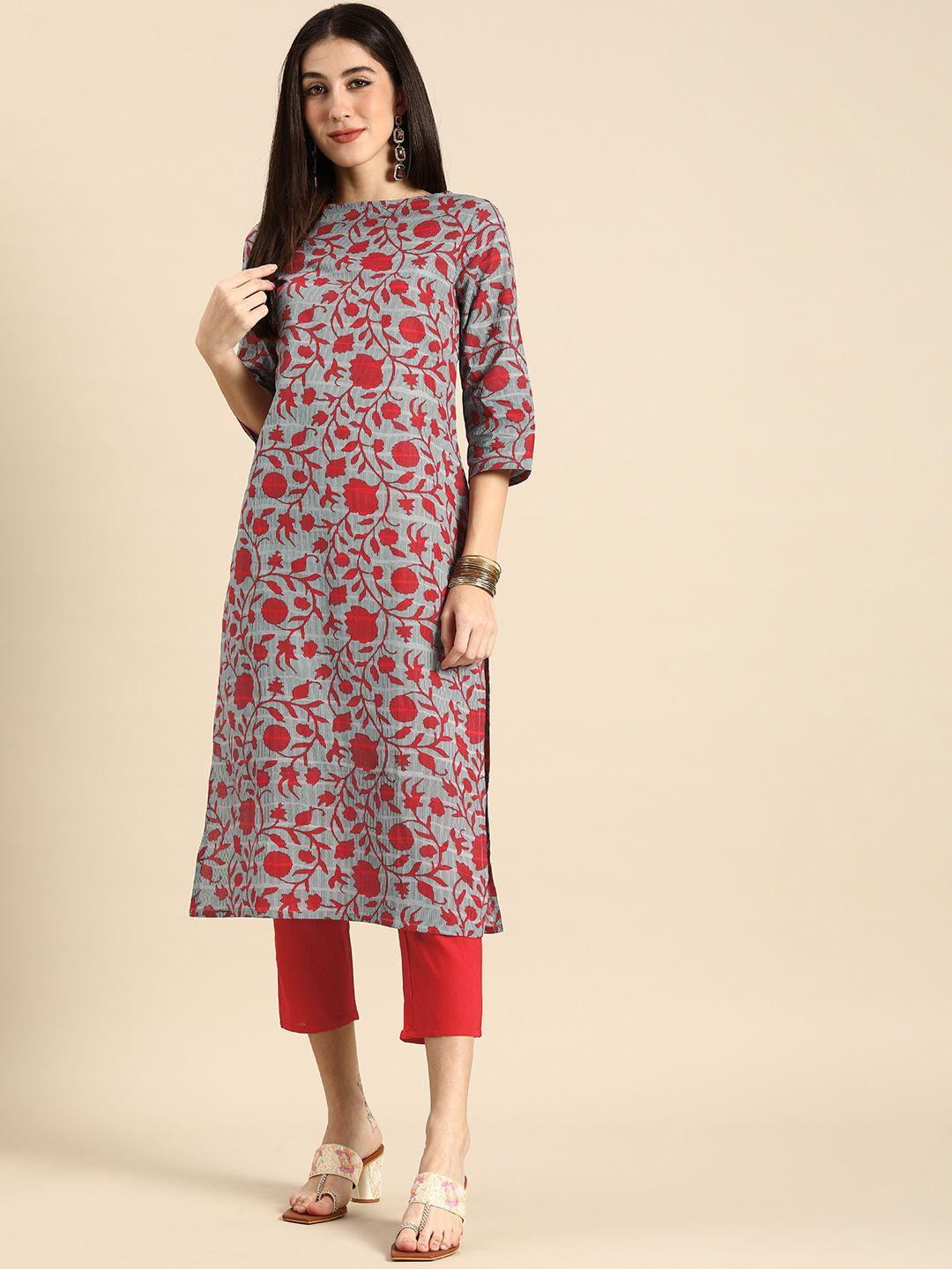 anouk women red & grey floral printed pure cotton kurta with trousers