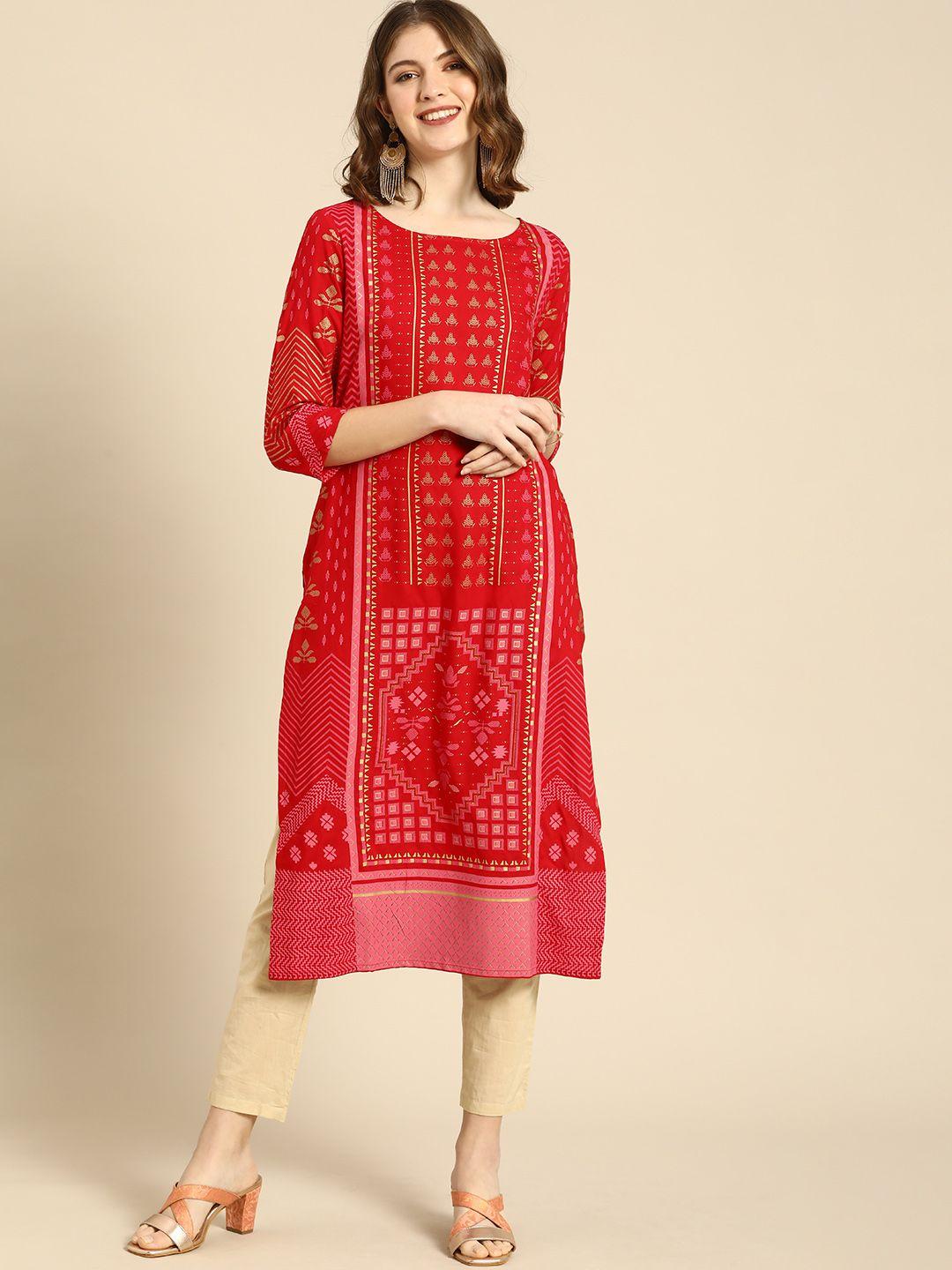 anouk women red & pink ethnic motifs printed boat neck viscose rayon straight kurta