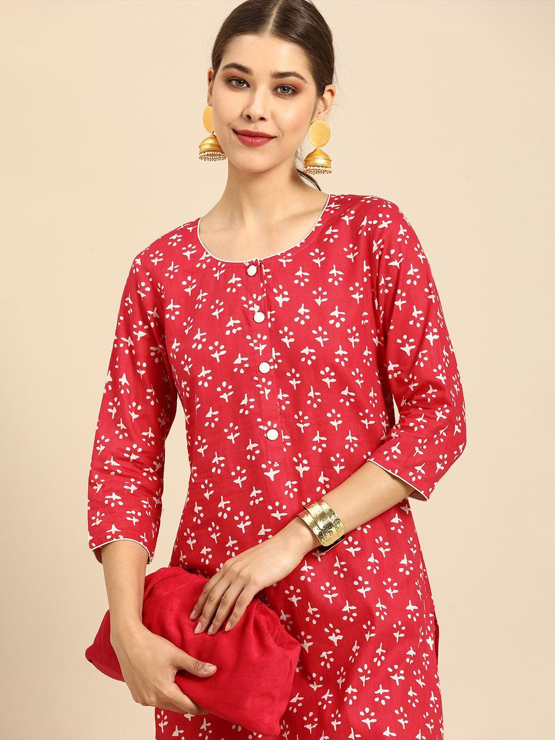 anouk women red & white ethnic motifs printed pure cotton kurta with palazzos
