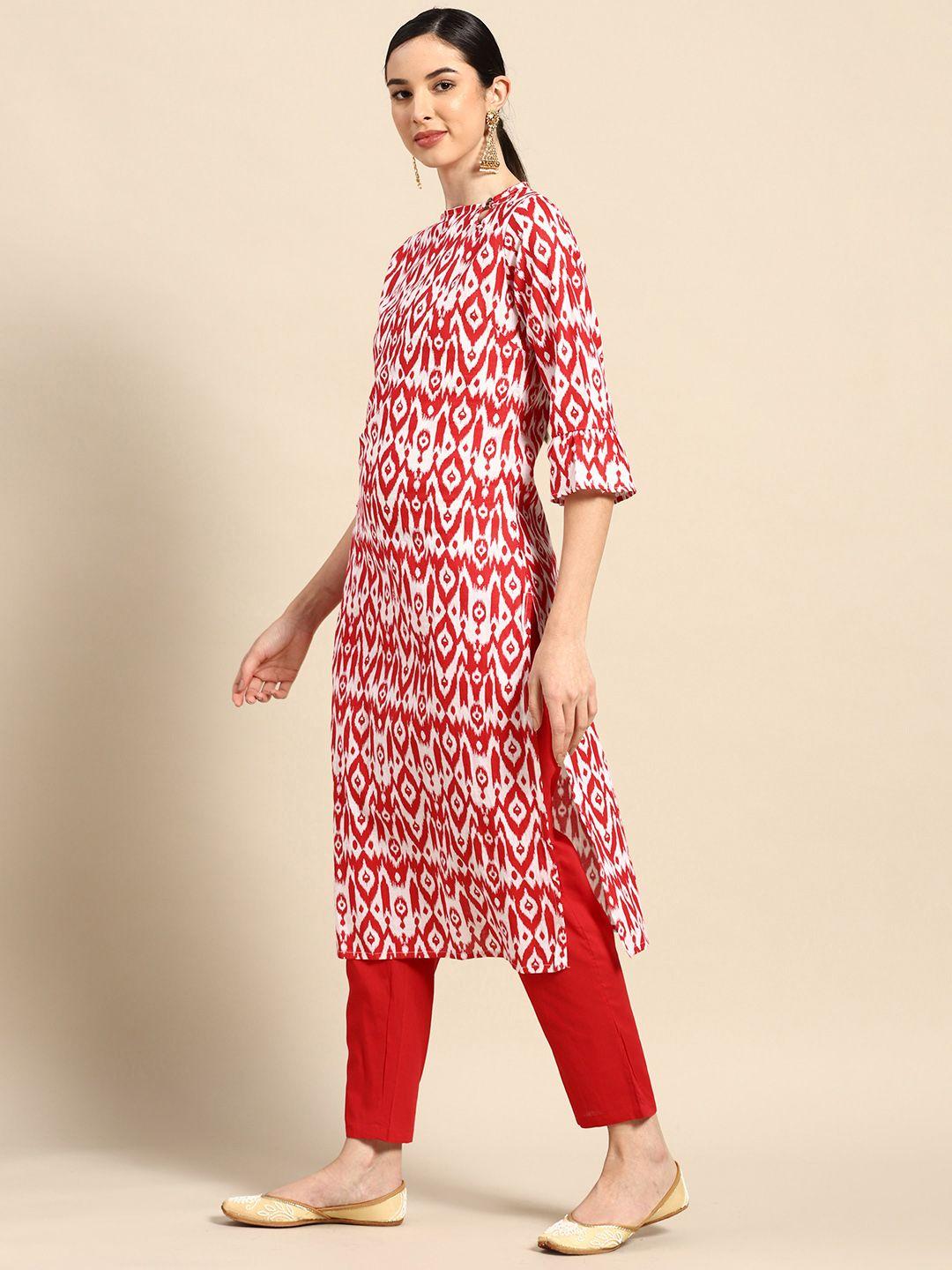 anouk women red & white ethnic printed pure cotton kurta with trousers
