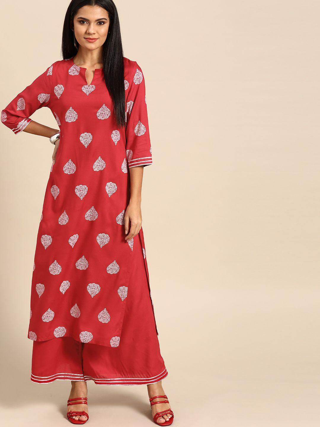 anouk women red & white printed kurta with palazzos